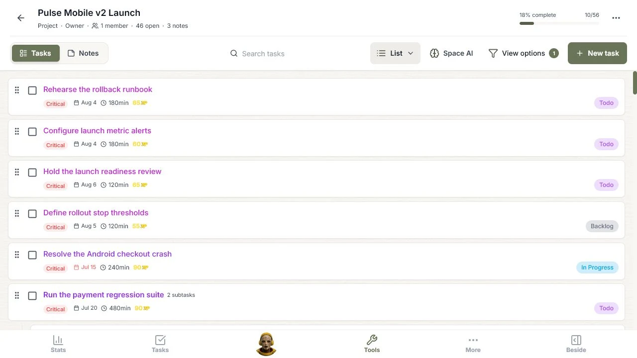 After Prioritize work was applied, List view sorts the 56-task launch by priority with dates and estimates visible.