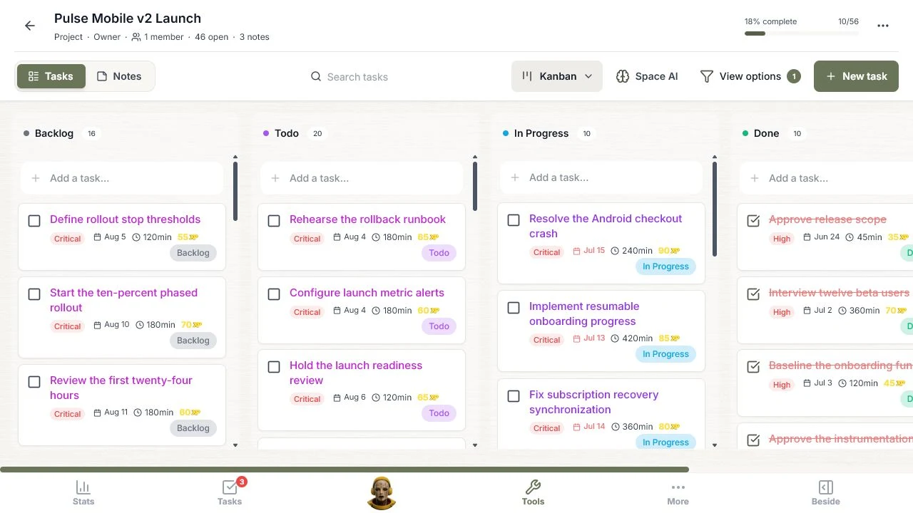 After Find plan gaps was applied, Kanban shows the generated launch controls inside the 56-task workflow.