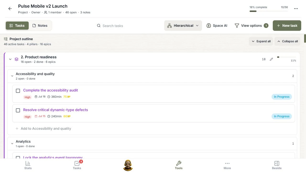 After Organize hierarchy was applied, the Hierarchical view shows four active pillars, 16 epics, progress, and the tasks inside each outcome.