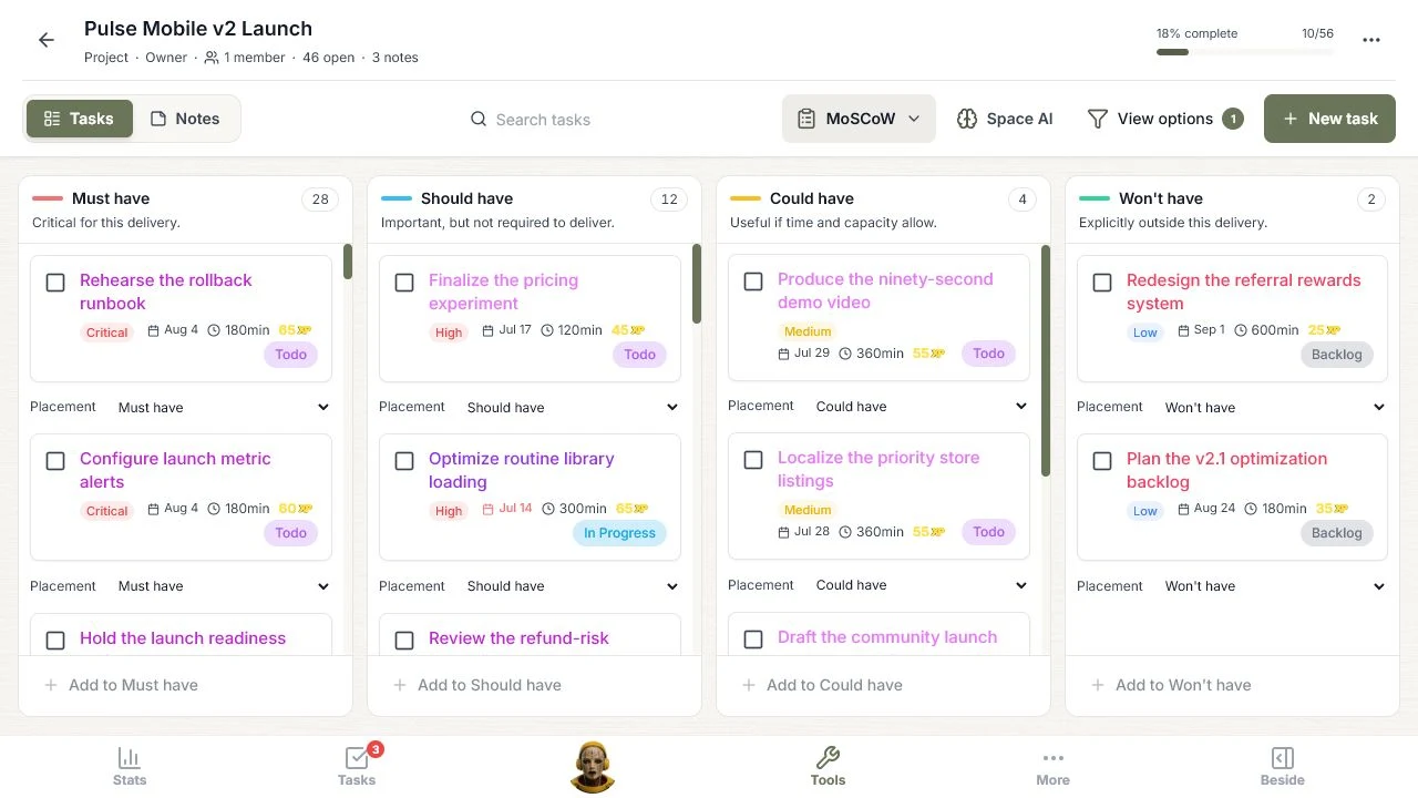 After MoSCoW classification was applied, the view separates 46 open tasks into Must have, Should have, Could have, and Won't have.