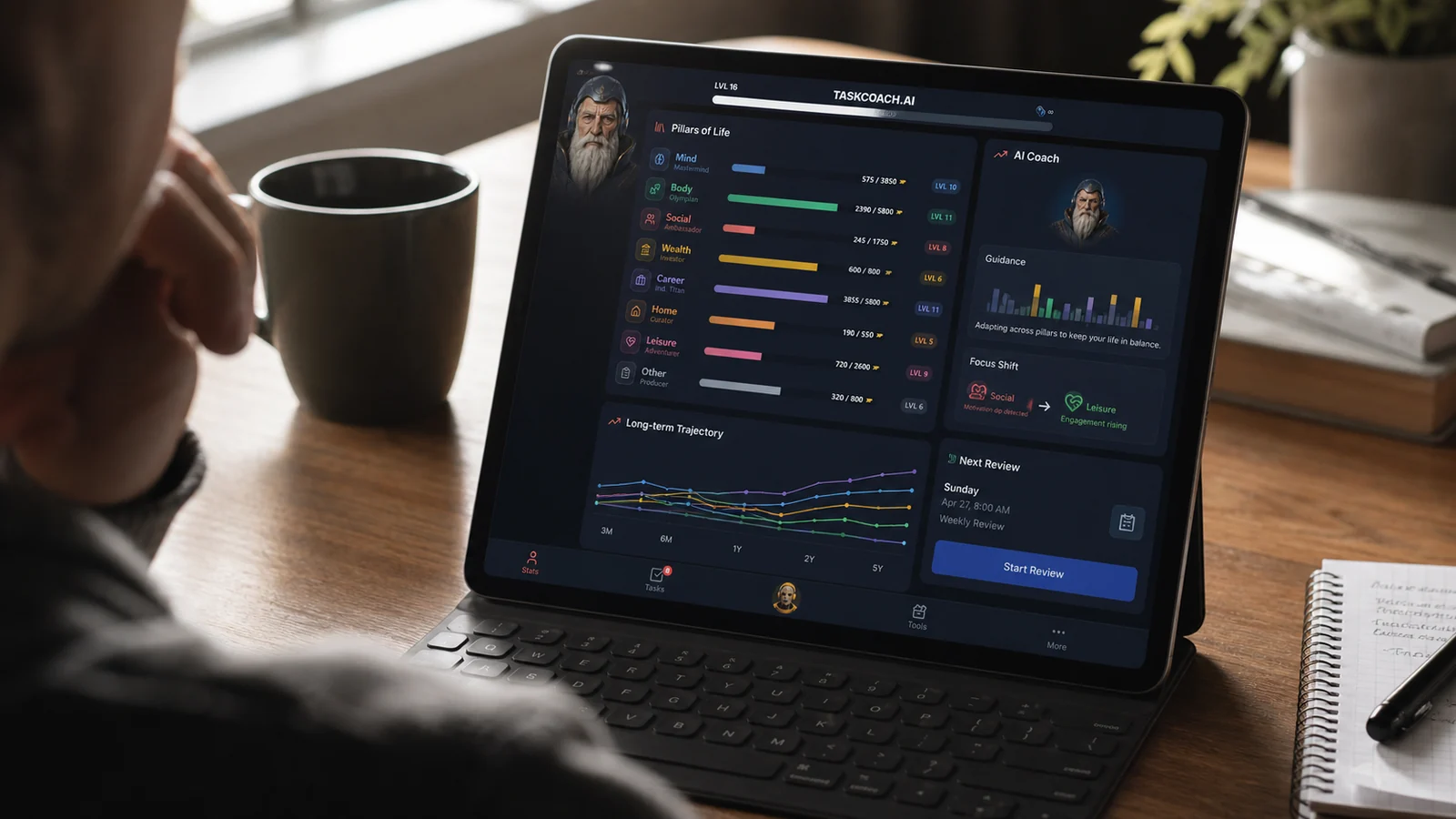 A coach that runs the engine at the exact moments your motivation has dipped. Not another productivity app. A system that does for personal change what the printing press did for literacy.