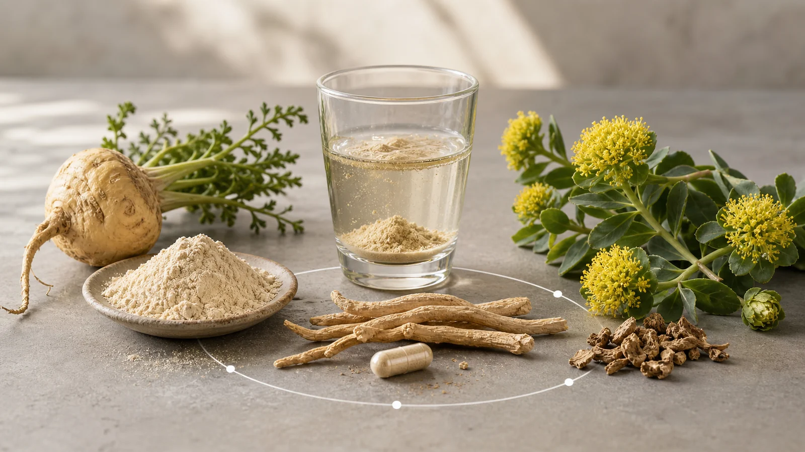 Maca for drive, Ashwagandha for calm, Rhodiola for focus. The combined state Russian sports medicine calls "relaxed alertness."