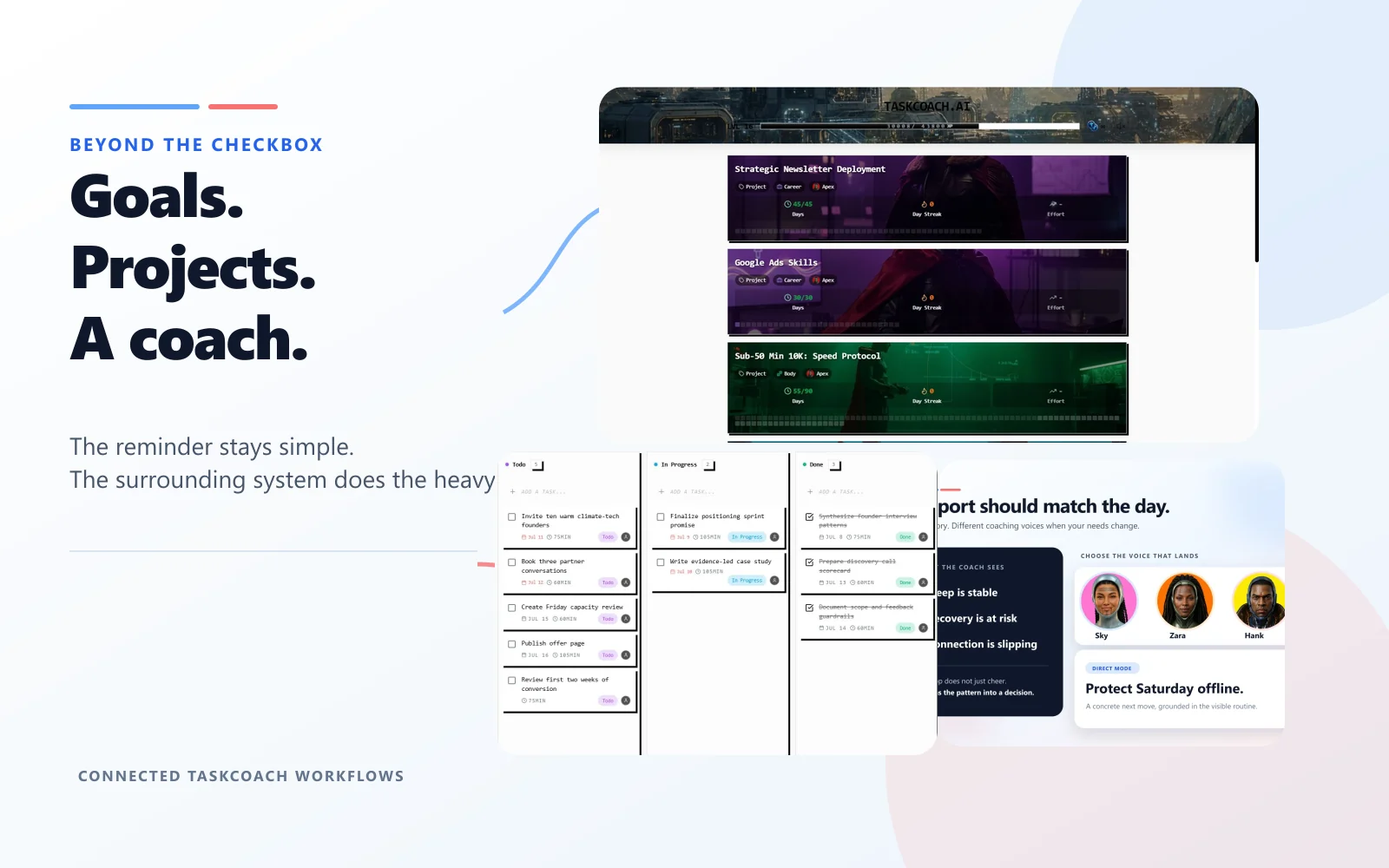 A connected TaskCoach workflow carrying clean goal data into a real project board and then into contextual coaching.