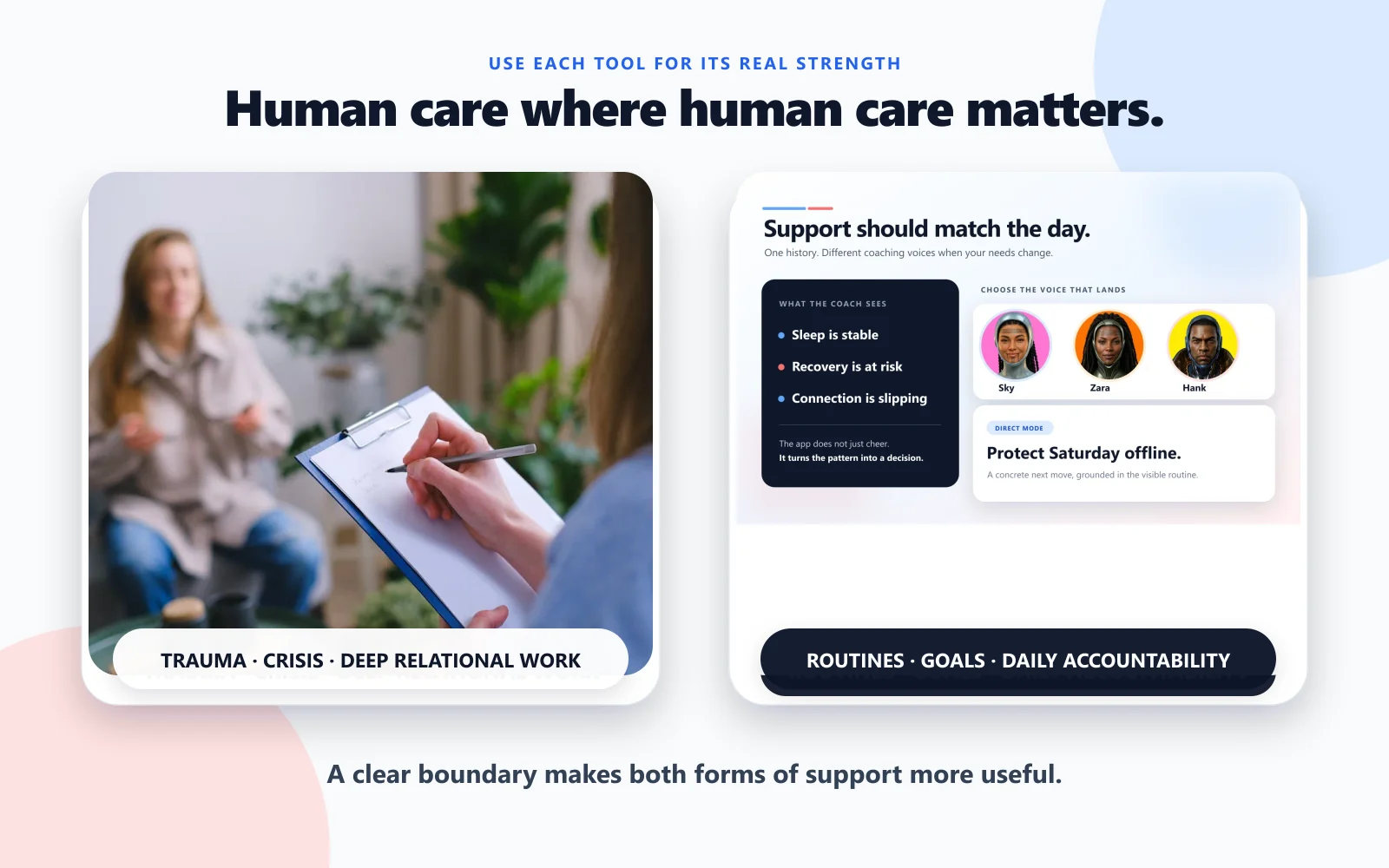 A therapy session beside TaskCoach's coaching system, with a clear boundary between deep relational care and daily routines, goals, and accountability.