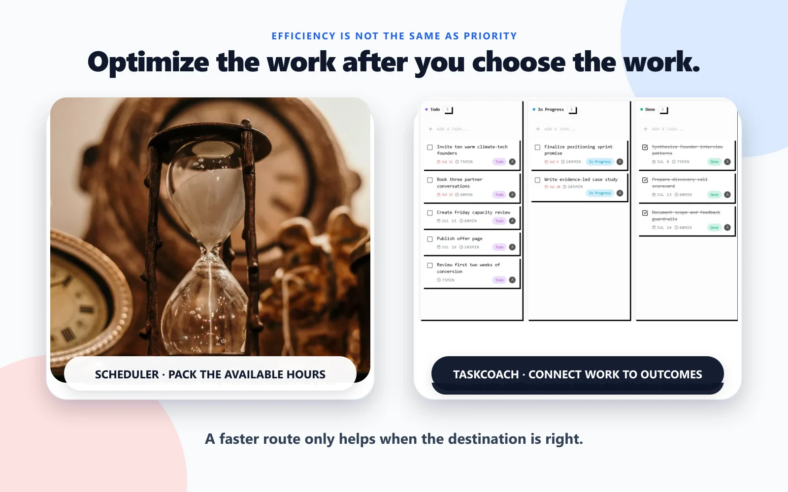 An hourglass beside a populated TaskCoach project board, showing that efficient scheduling only helps after the work and its desired outcome are chosen.