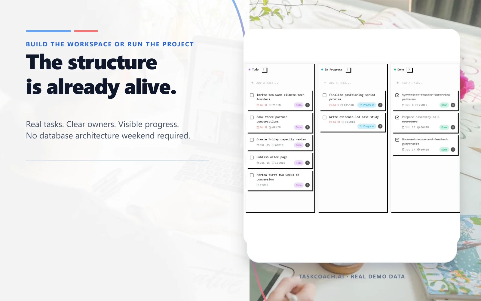 A populated TaskCoach project board already running real work, illustrating the difference between building a workspace and using a finished system.