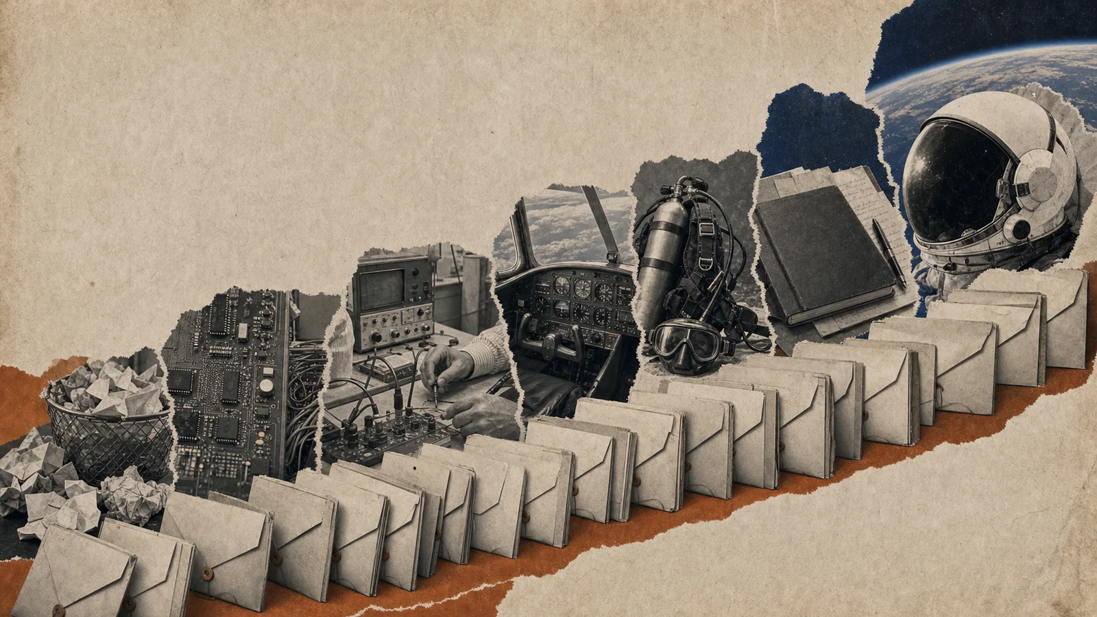 Torn-paper collage showing repeated application envelopes becoming an engineering, flight, diving, language, and spaceflight qualification path.