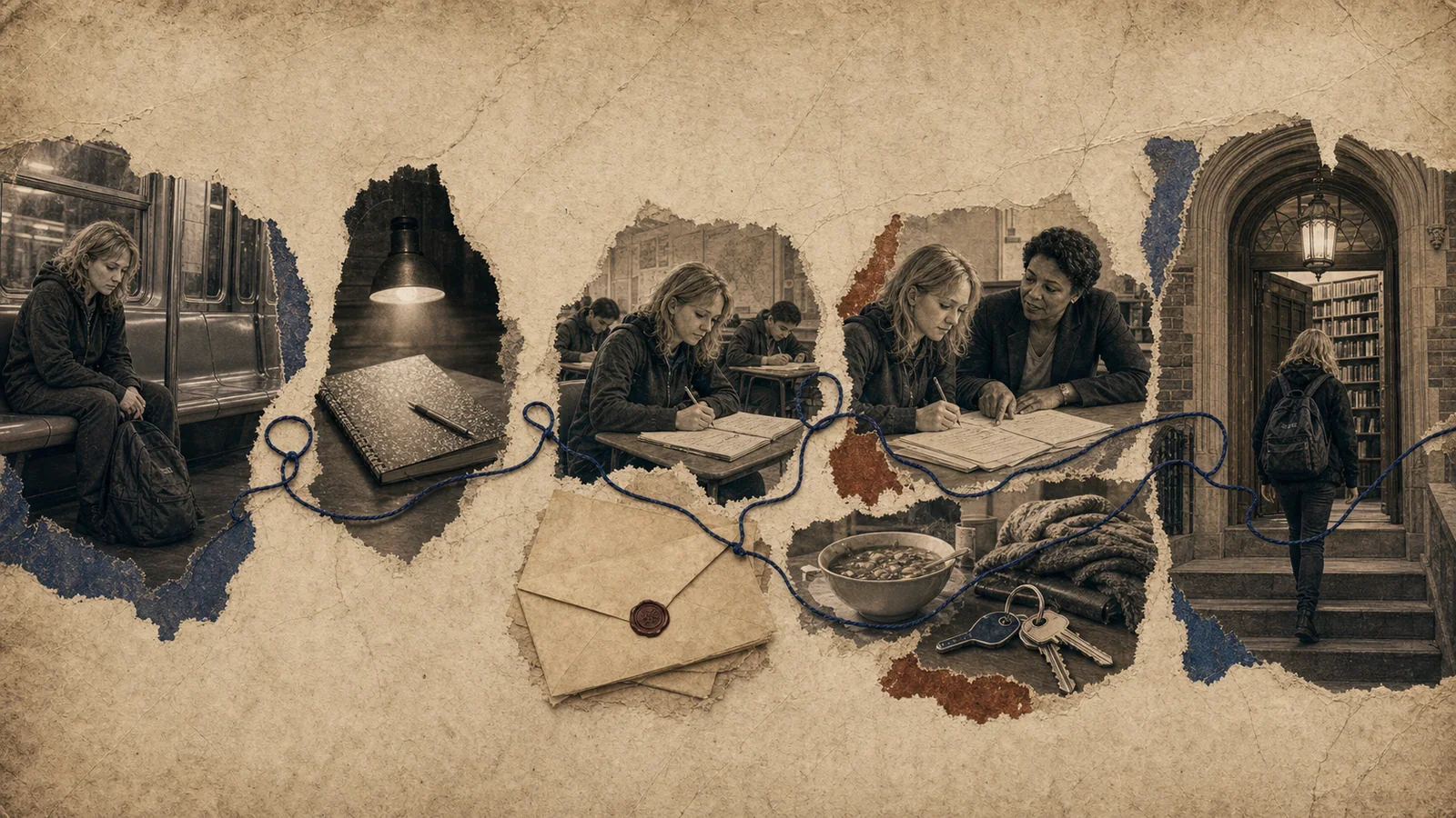 Torn-paper collage showing the practical support path in Liz Murray's education: subway study, a notebook, flexible schooling, mentorship, scholarship help, food, a safe room, and a college library.
