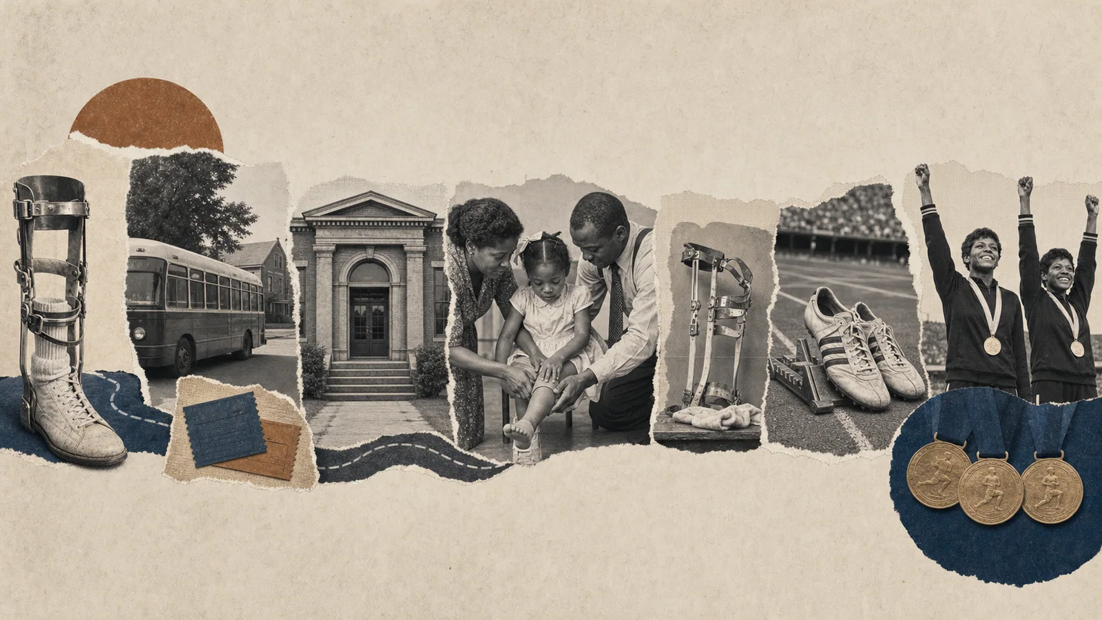 Torn-paper collage tracing Wilma Rudolph's path from a leg brace and weekly treatment trips through family rehabilitation, track training, and three Olympic gold medals.