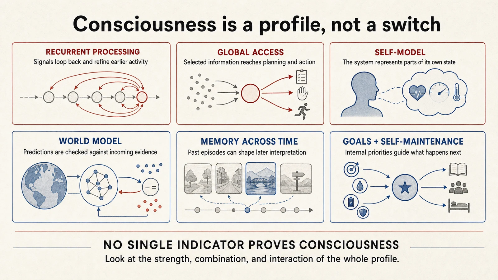 Consciousness is a profile, not a switch: six cautious indicators include recurrent processing, global access, a self-model, a world model, memory across time, and goals with self-maintenance. No single indicator proves consciousness.
