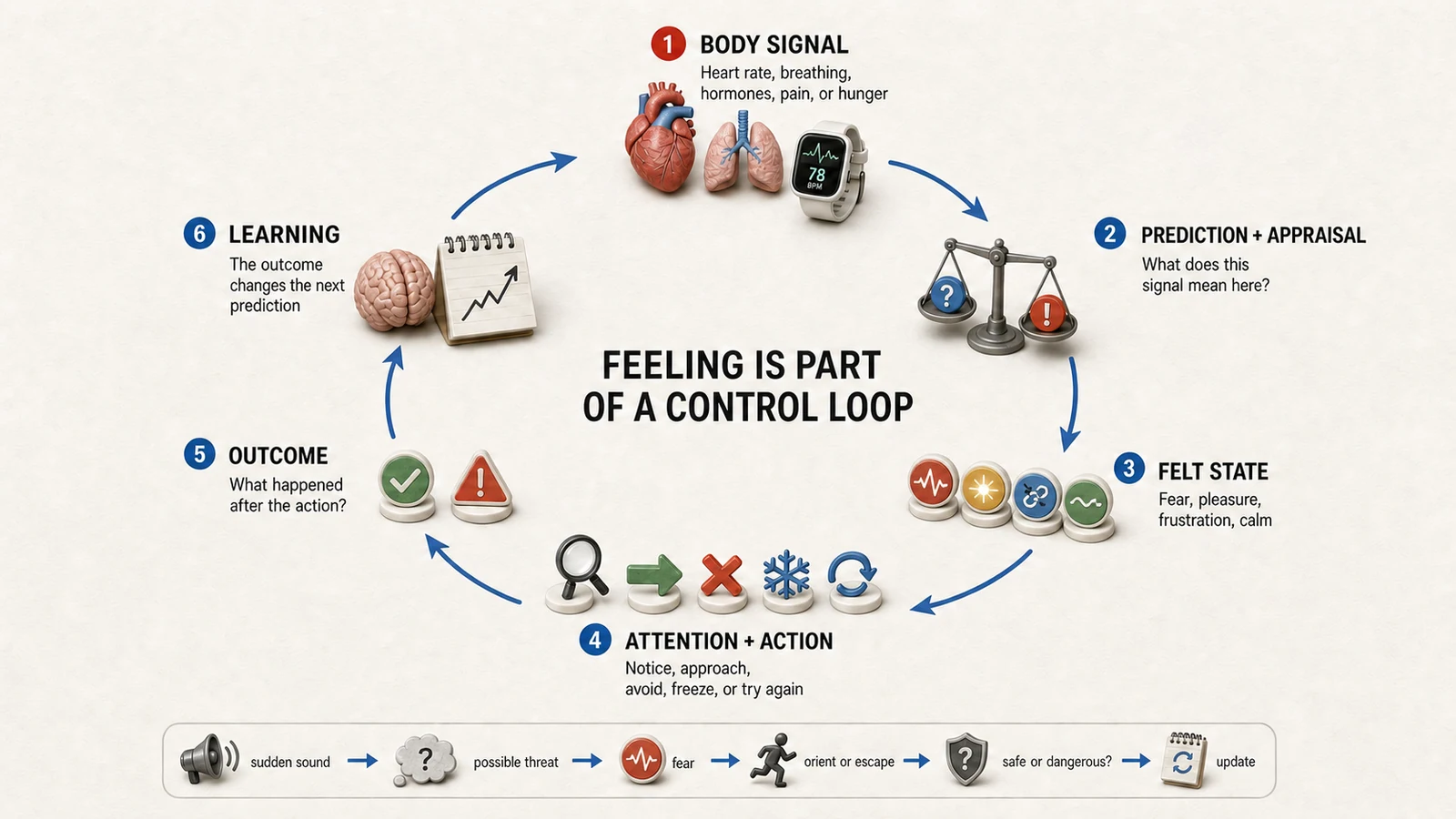 How a feeling becomes action: body signals are interpreted, produce a felt state, guide attention and action, lead to an outcome, and update the next prediction in a continuous control loop.