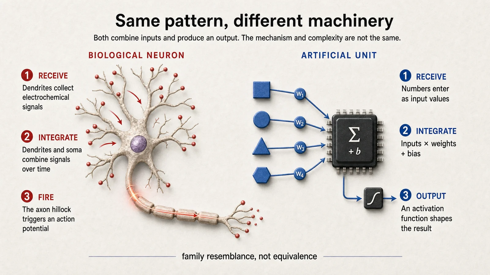 Drawboard comparison: a biological neuron and an artificial unit both receive, integrate, and produce an output, but their machinery and complexity are not equivalent.