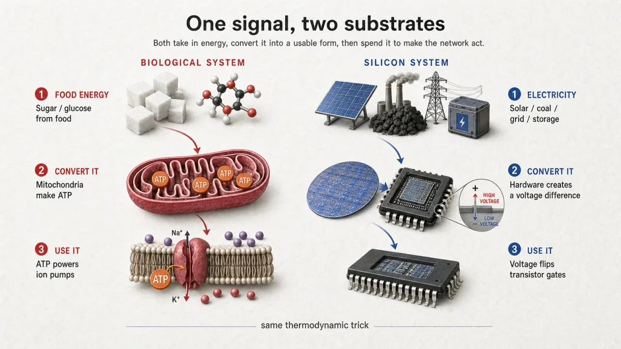 One signal, two substrates: biology converts food into ATP and ion gradients, while silicon converts grid electricity into regulated voltage and transistor switching.