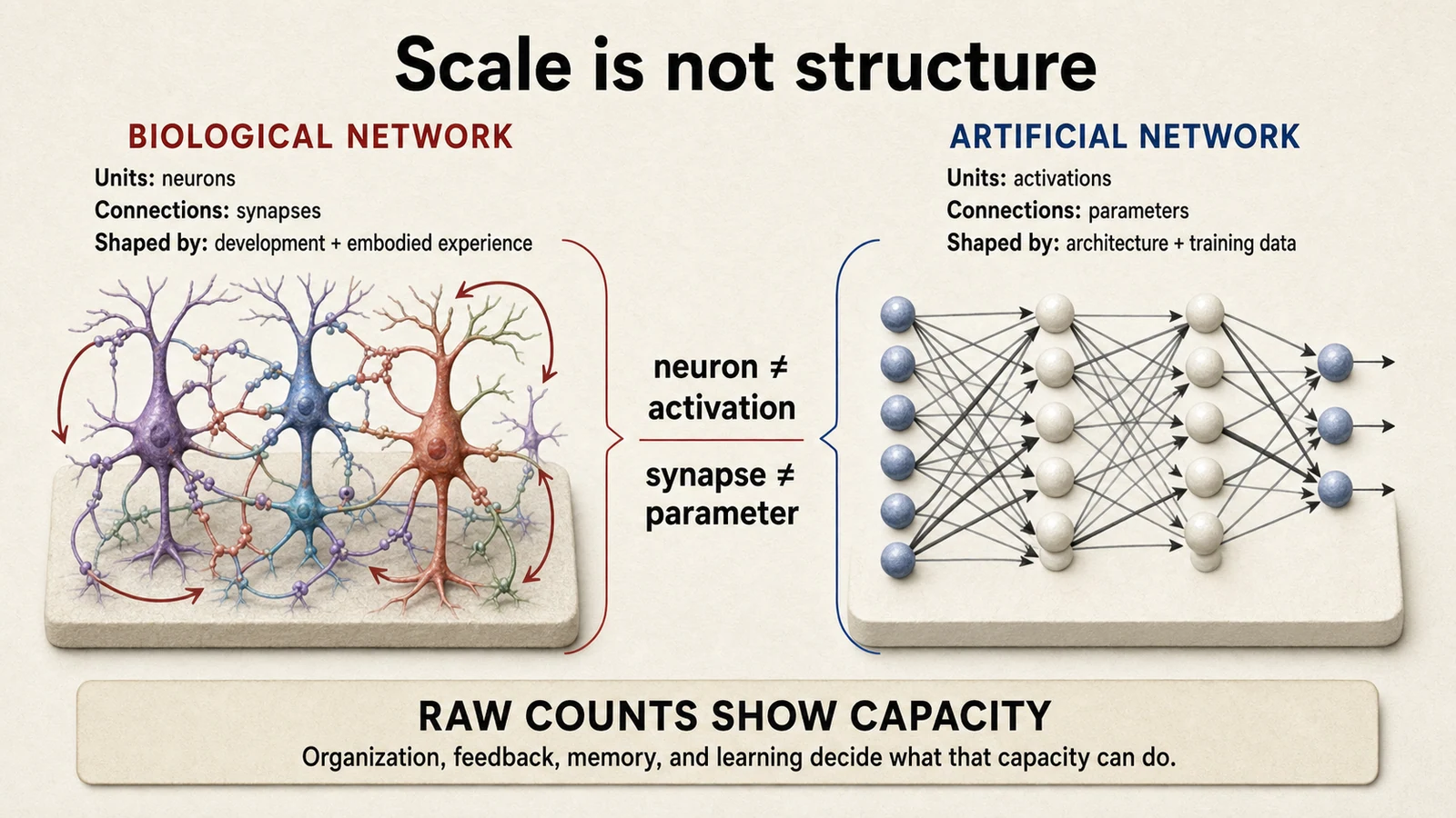 Scale is not structure: biological networks use neurons and synapses shaped by development and embodied experience, while artificial networks use activations and parameters shaped by architecture and training data. The counts are not directly equivalent.