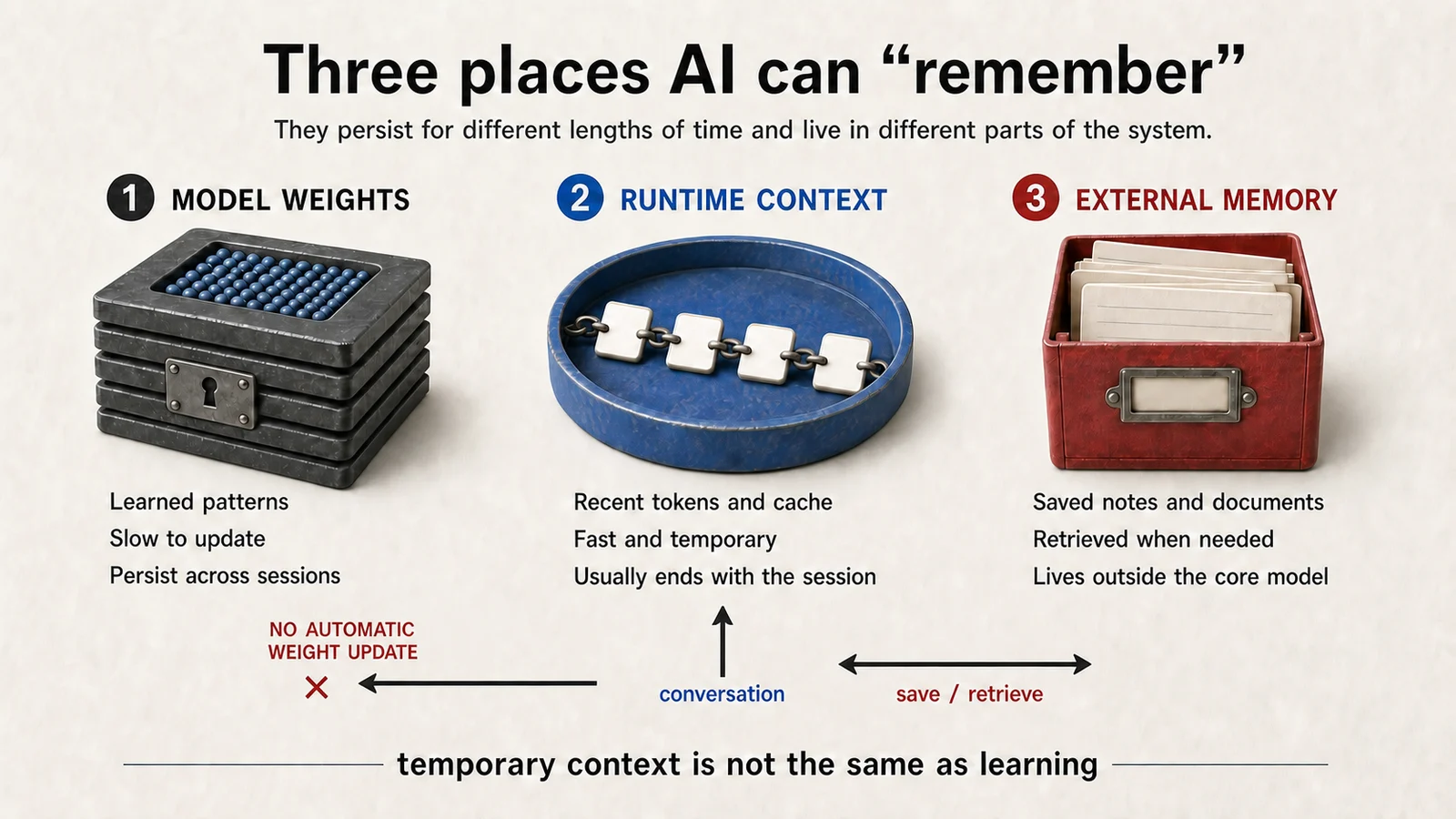 Drawboard showing three forms of AI memory: persistent model weights, temporary runtime context, and external saved memory. Runtime context does not automatically update model weights.