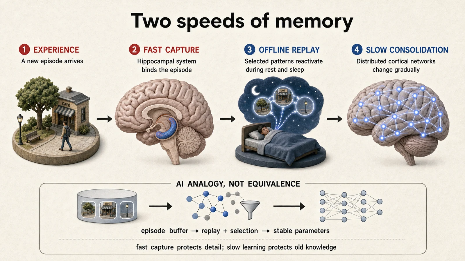 Two speeds of memory: the hippocampal system rapidly binds a new episode, selected patterns reactivate during rest and sleep, and distributed cortical networks change more slowly. The AI comparison is an analogy, not an equivalence.