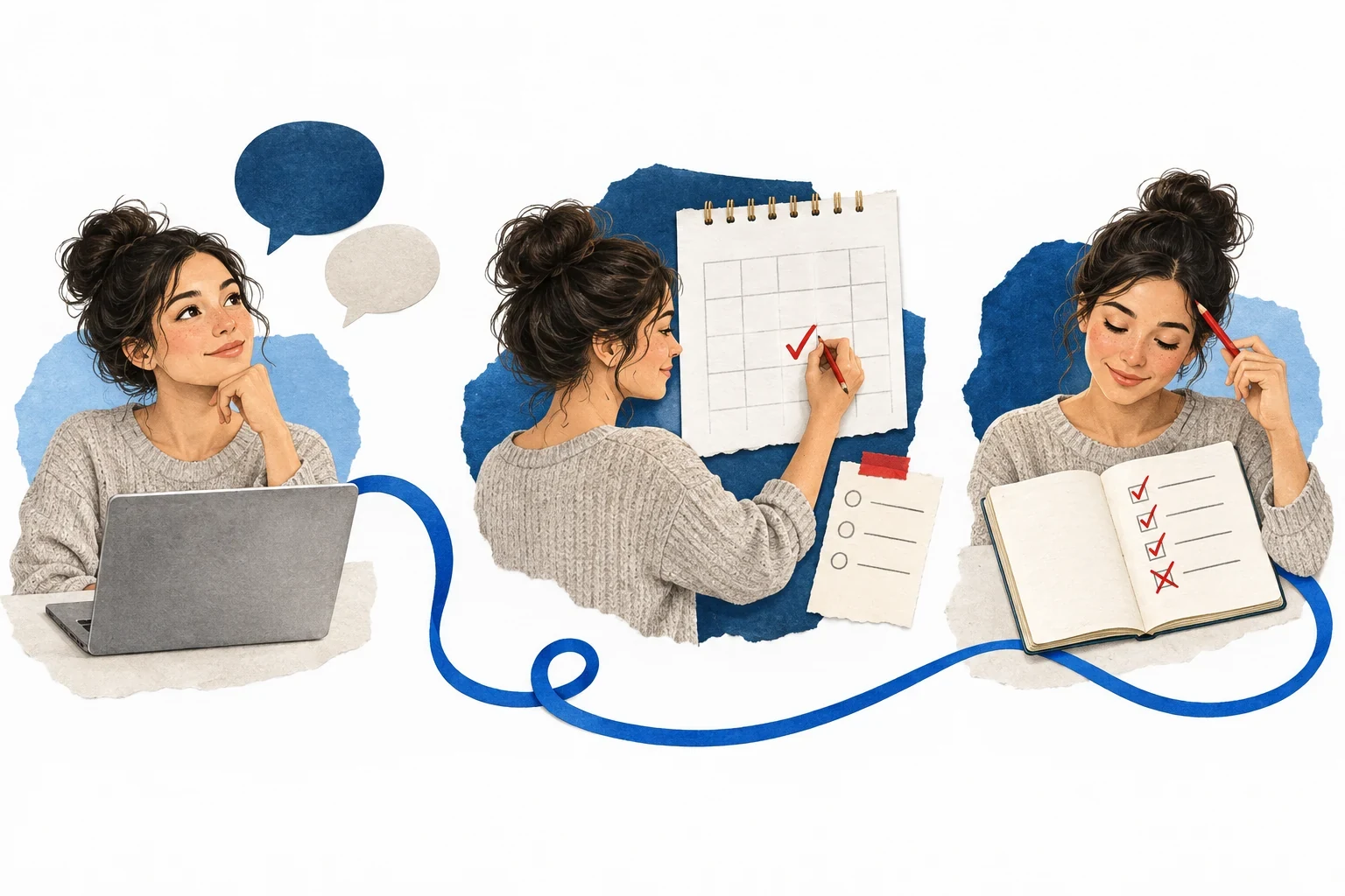 An editorial illustration connects a coaching conversation to one scheduled action and a review of what happened.