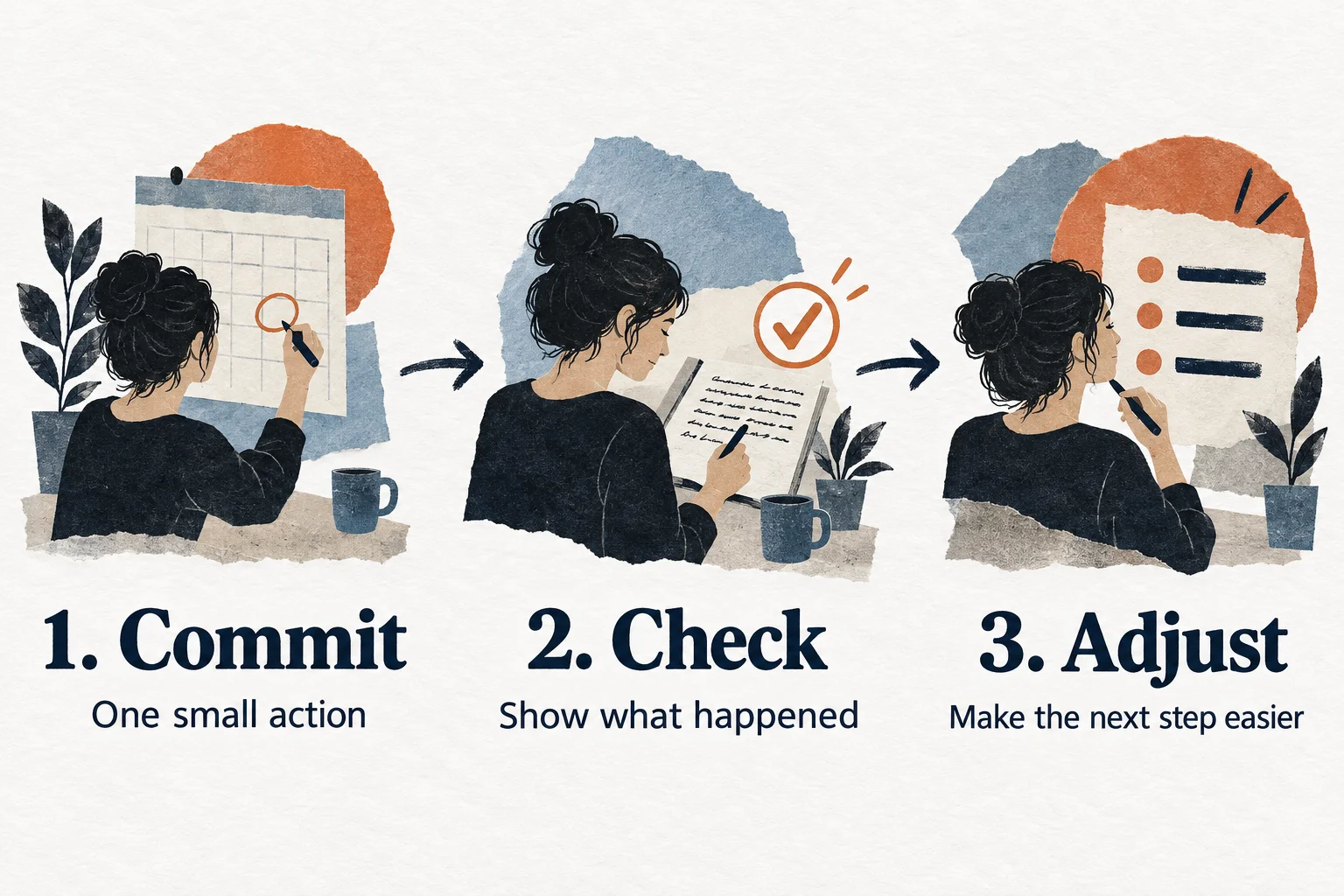 Commit to one small action, check what happened, and adjust the next step.