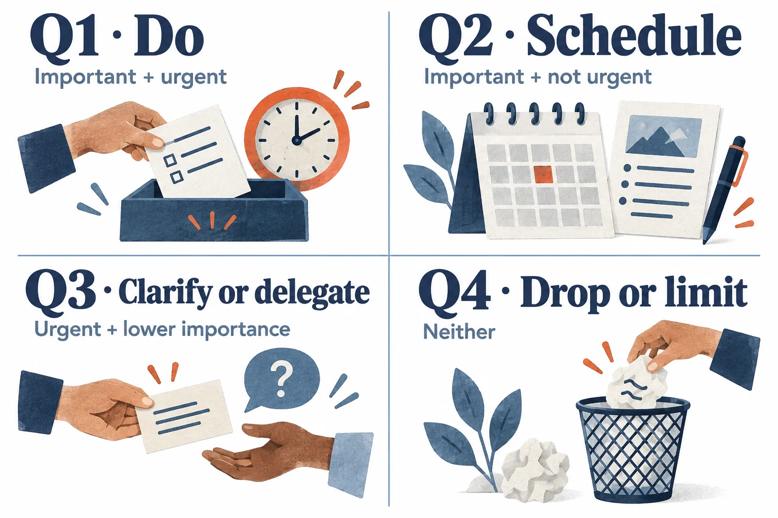 Four priority decisions: do important urgent work, schedule important preparation, clarify or delegate urgent lower-priority requests, and drop or limit low-value work.