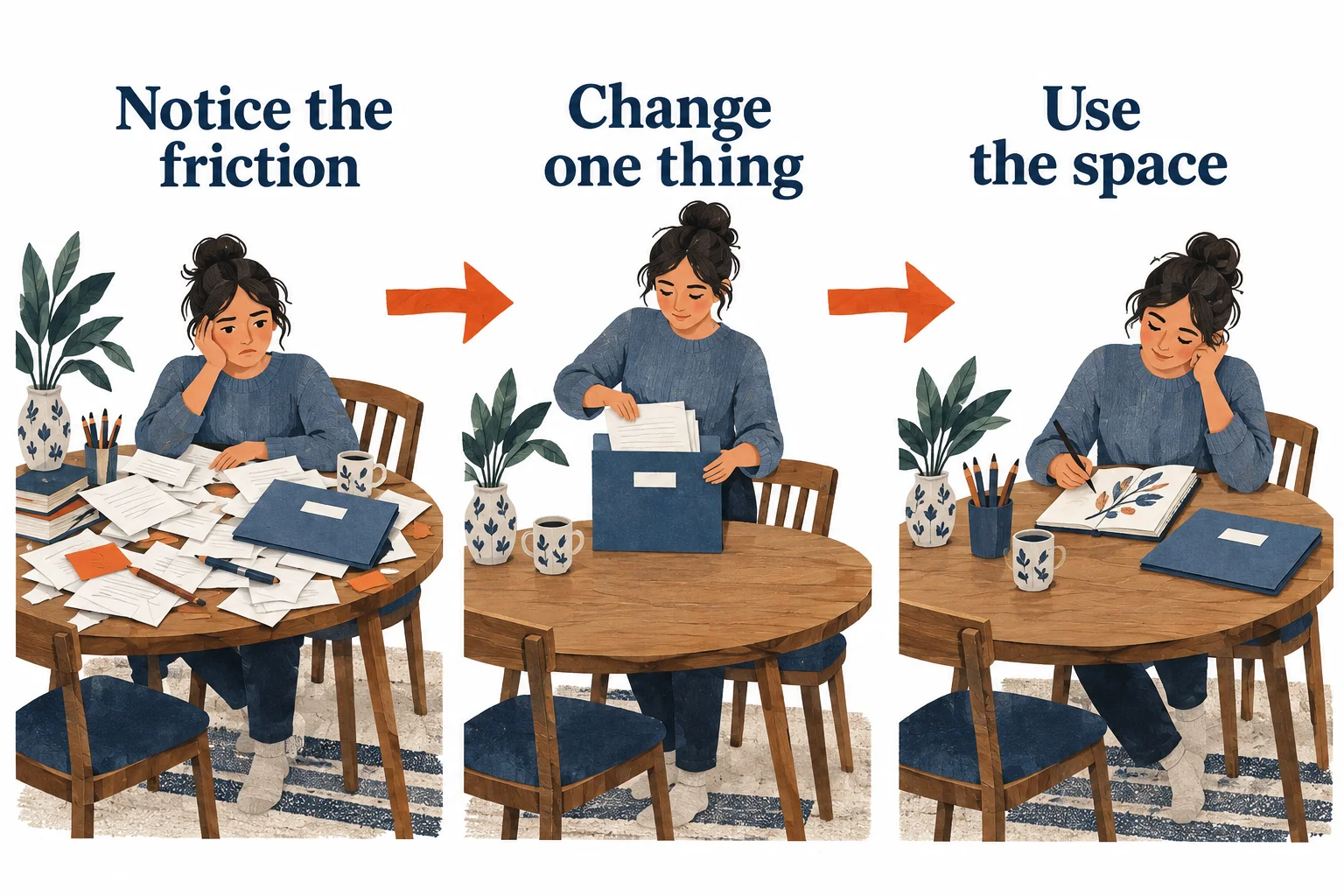 A cluttered table becomes a usable space: notice the friction, organize the papers, then make room for drawing.