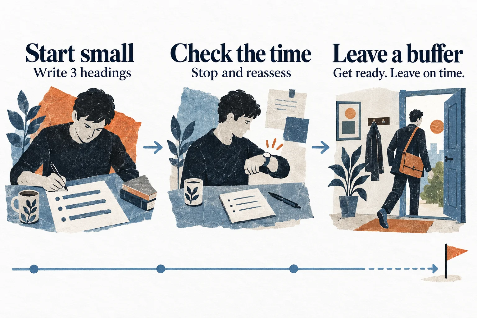 A small plan: write three headings, check the time, and leave a buffer before the next appointment.