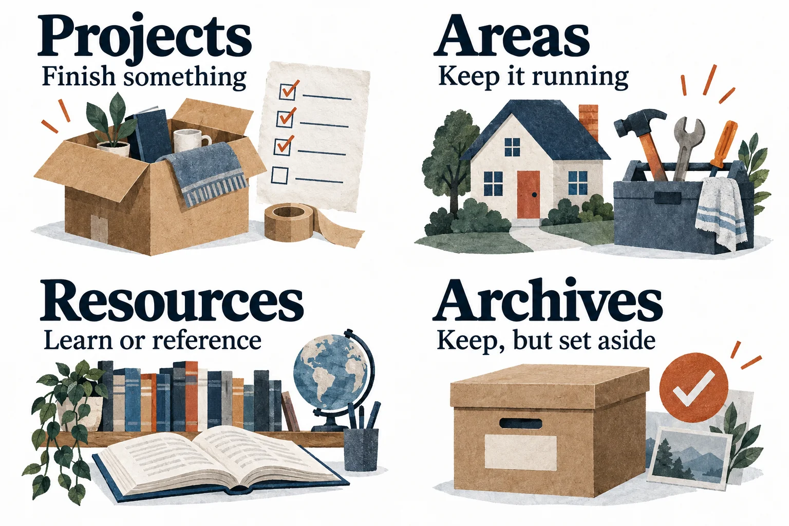Four PARA categories: projects to finish, areas to maintain, resources to reference, and archives to set aside.