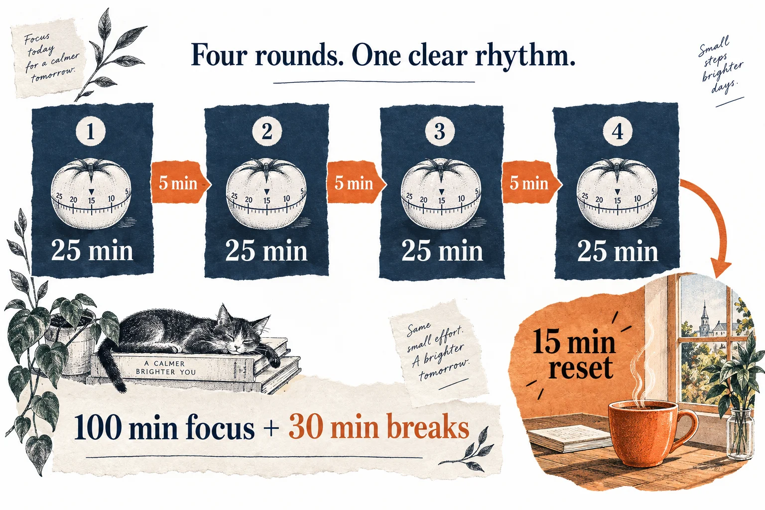 Four 25-minute focus rounds, three five-minute breaks, and a fifteen-minute reset total 130 minutes.