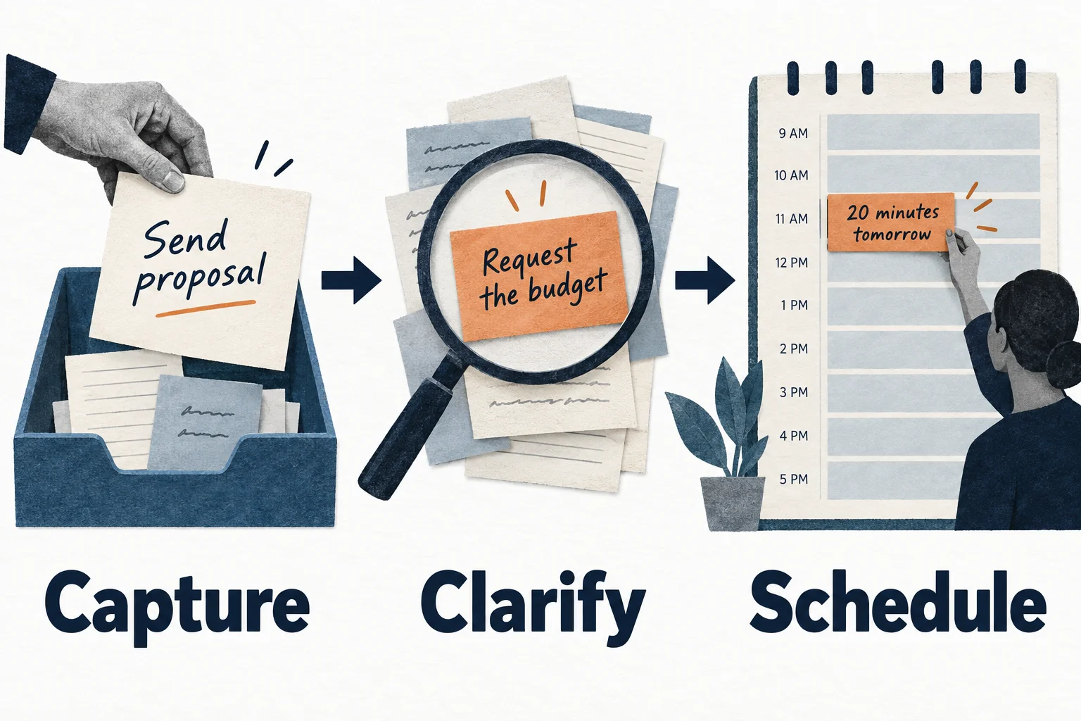 Capture a proposal task, identify requesting the budget as the next action, and give it a short calendar slot.
