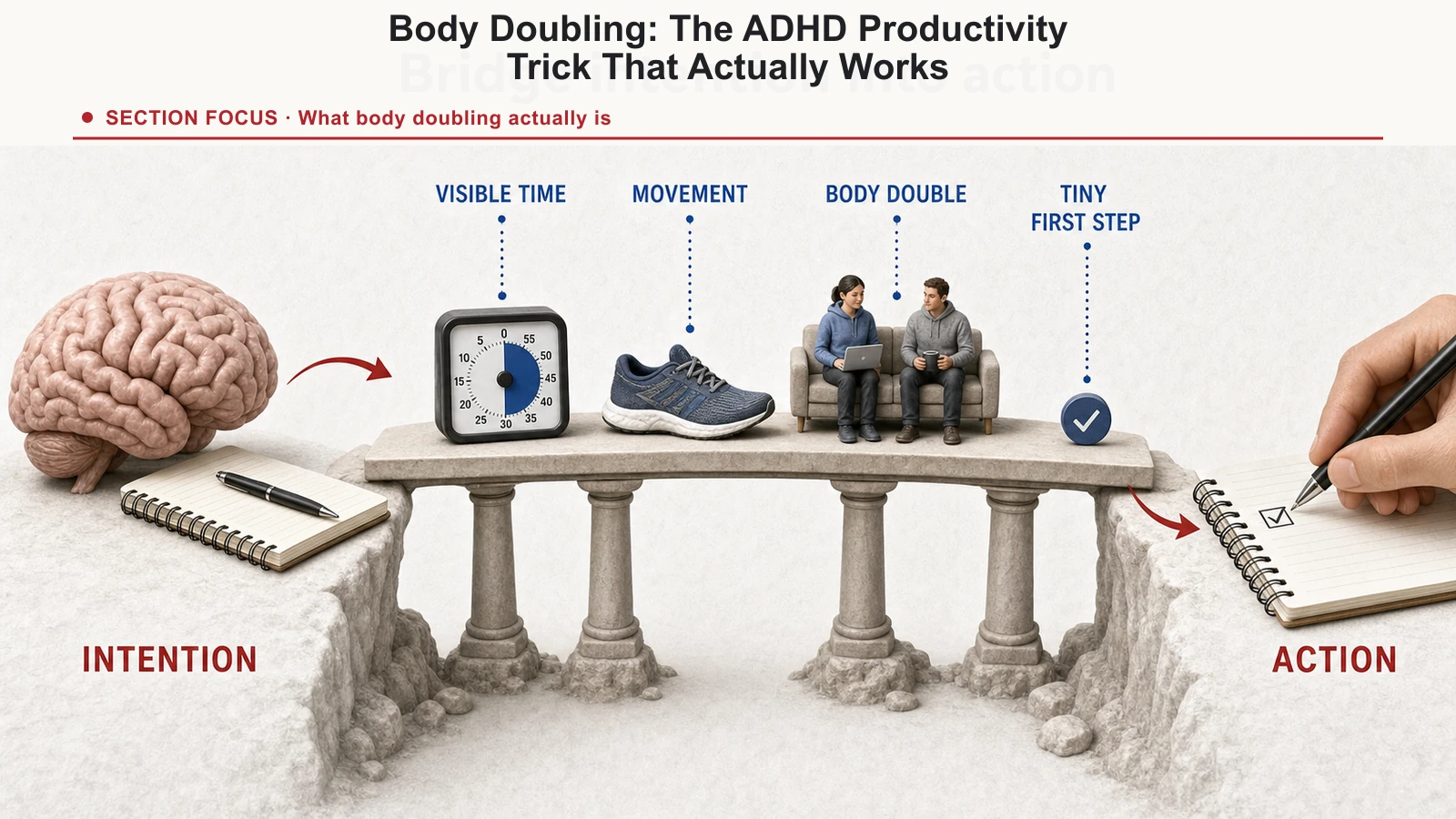 Diagram showing how visible time, movement, body doubling, and a tiny first step help bridge intention into action.
