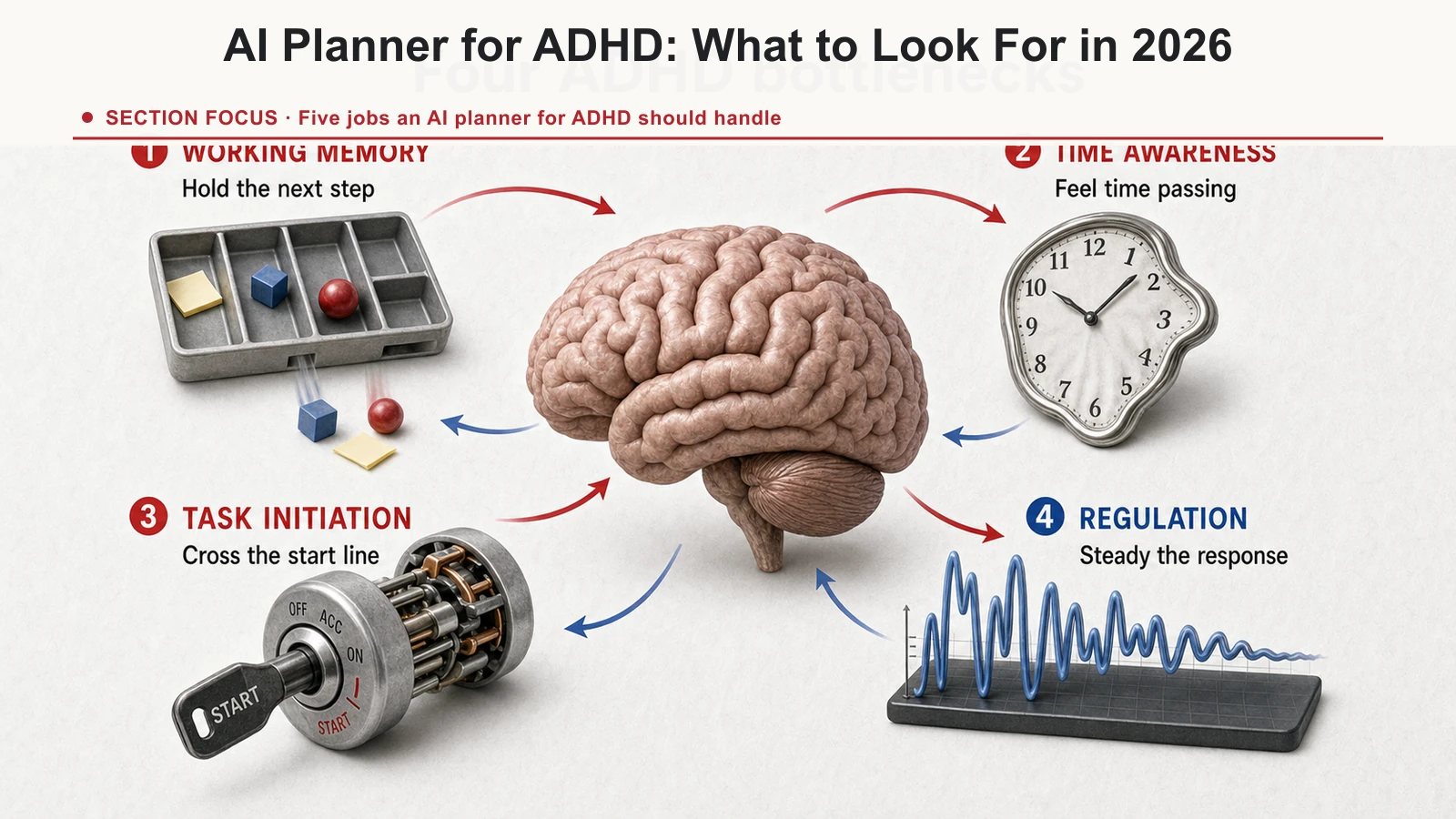 Diagram showing working memory, time awareness, task initiation, and emotional regulation as four connected ADHD bottlenecks.