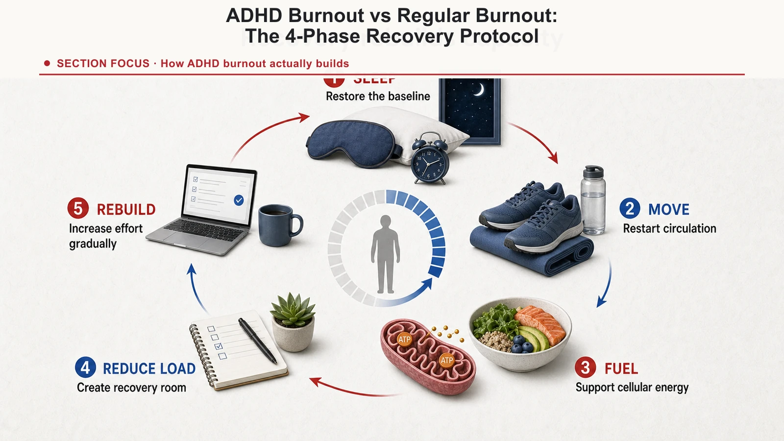 Recovery cycle connecting sleep, movement, mitochondrial support, reduced load, and gradual return to effort.