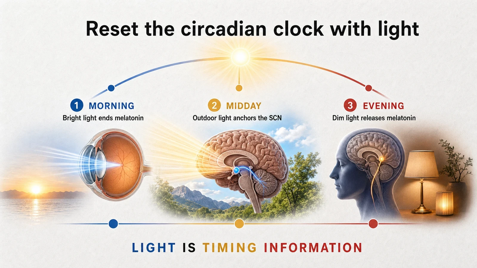 Circadian timeline showing how morning, midday, and evening light cues reset the biological clock.