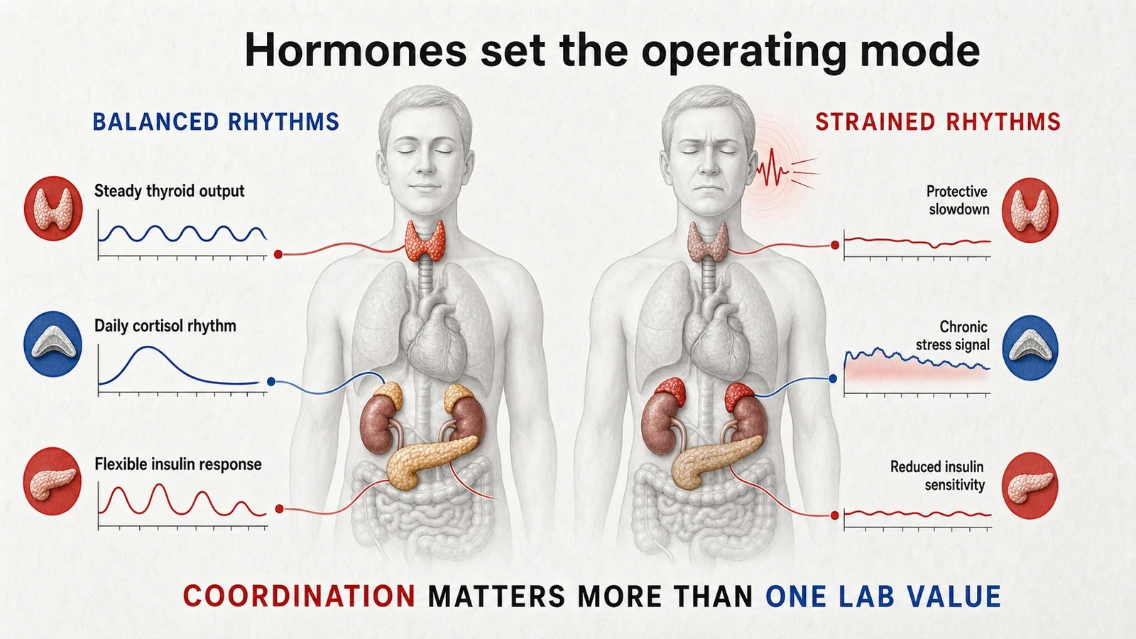 Scientific illustration comparing coordinated thyroid, cortisol, and insulin rhythms with strained hormonal patterns.