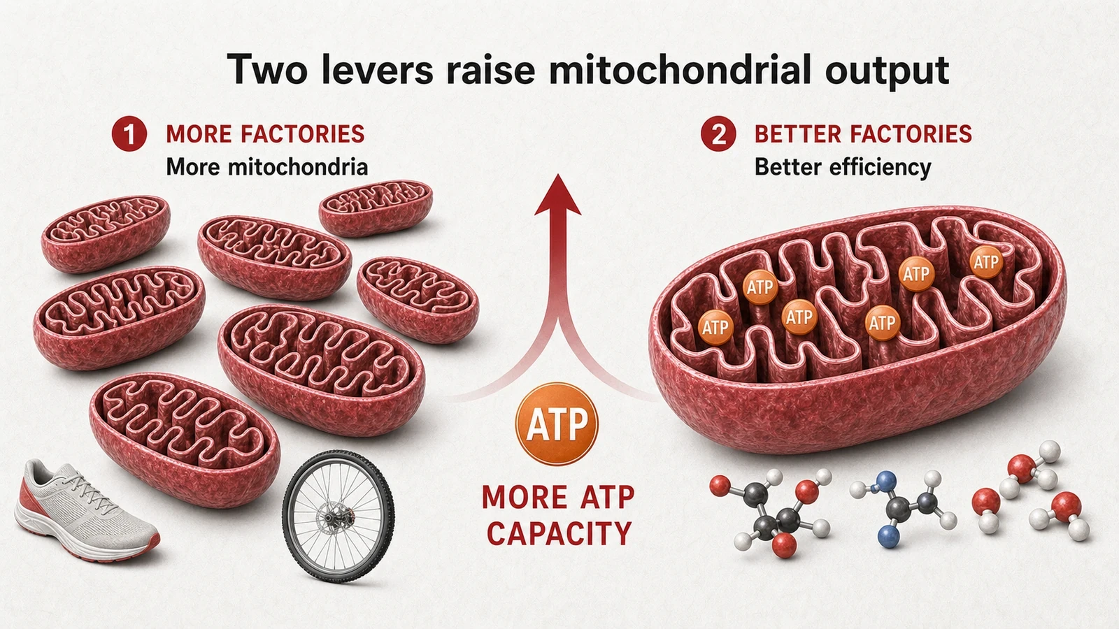 Scientific illustration comparing mitochondrial biogenesis with improved mitochondrial efficiency as two routes to greater ATP capacity.