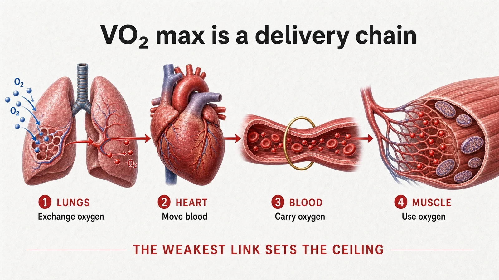 Scientific illustration tracing oxygen from the lungs through the heart and blood to working muscle.