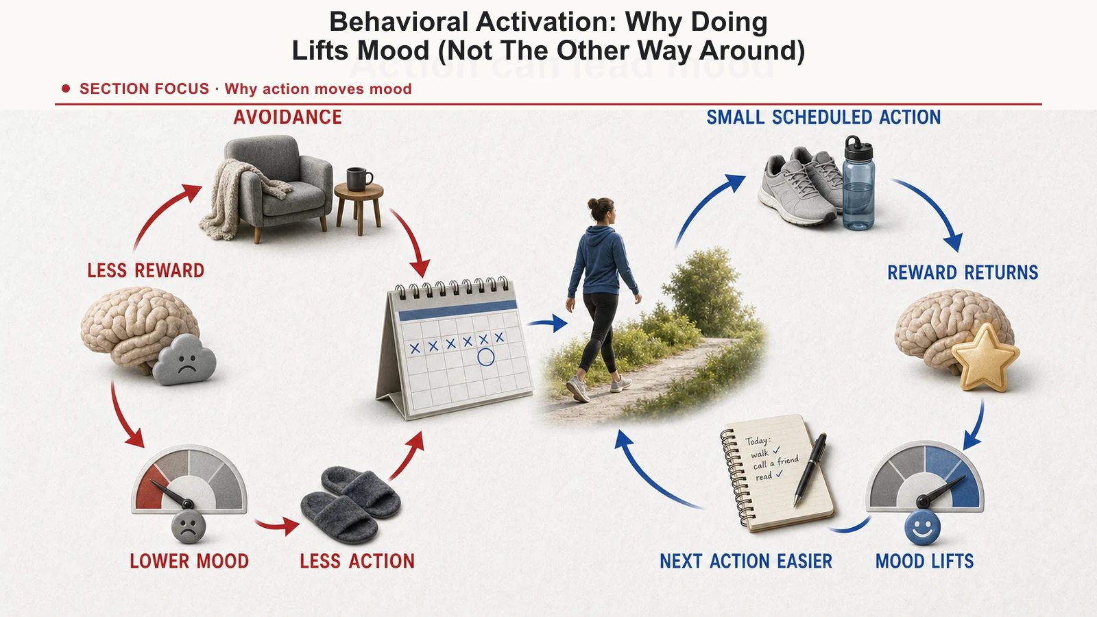 Behavioral activation loop showing how a scheduled small action restores reward, lifts mood, and makes the next action easier.