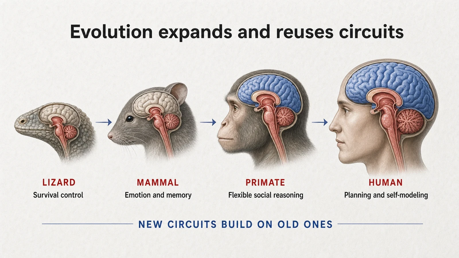 Comparative illustration showing conserved and expanding brain circuitry in a lizard, mammal, primate, and human.