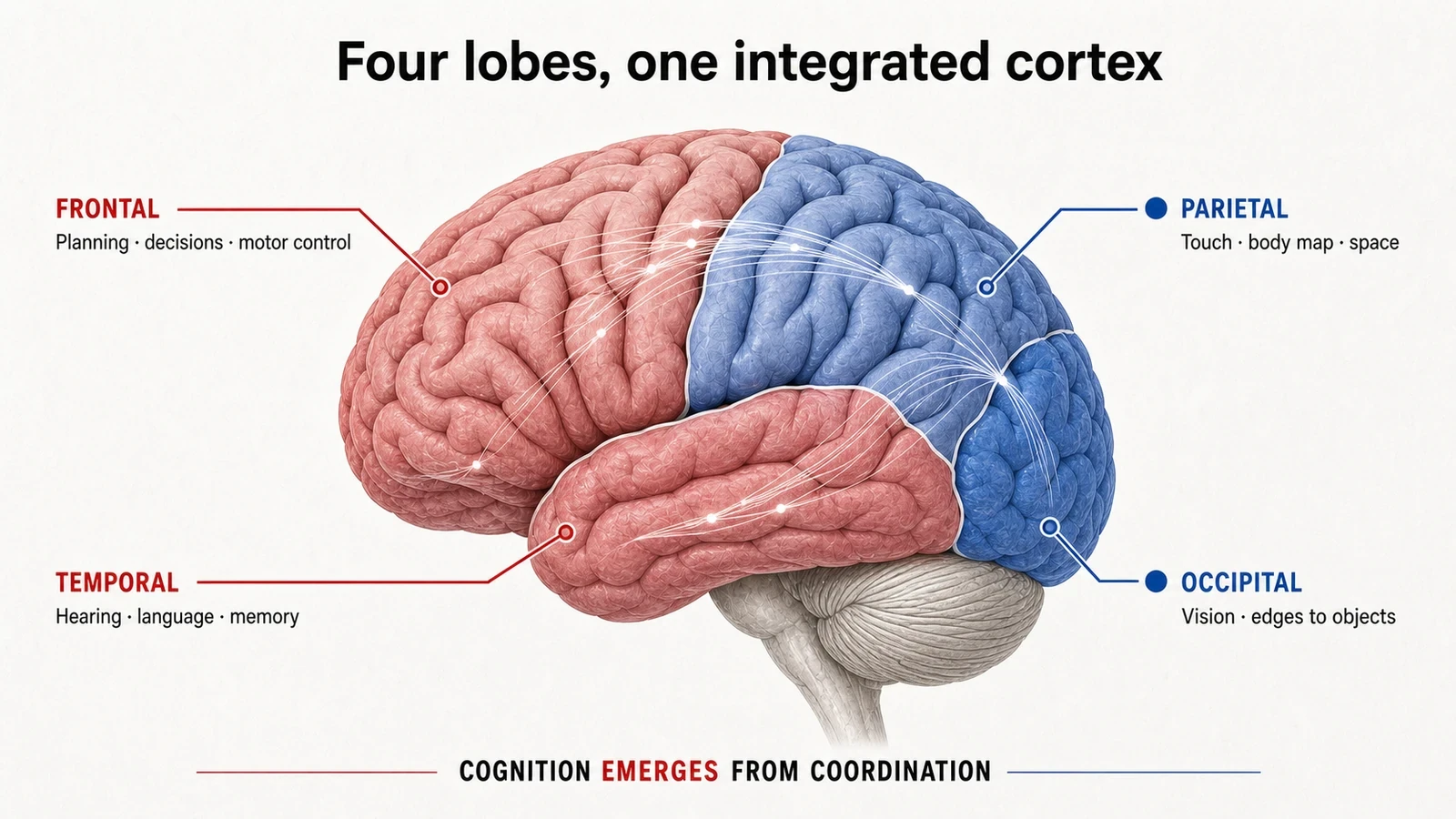 Lateral brain illustration showing the frontal, parietal, temporal, and occipital lobes and their main functions.