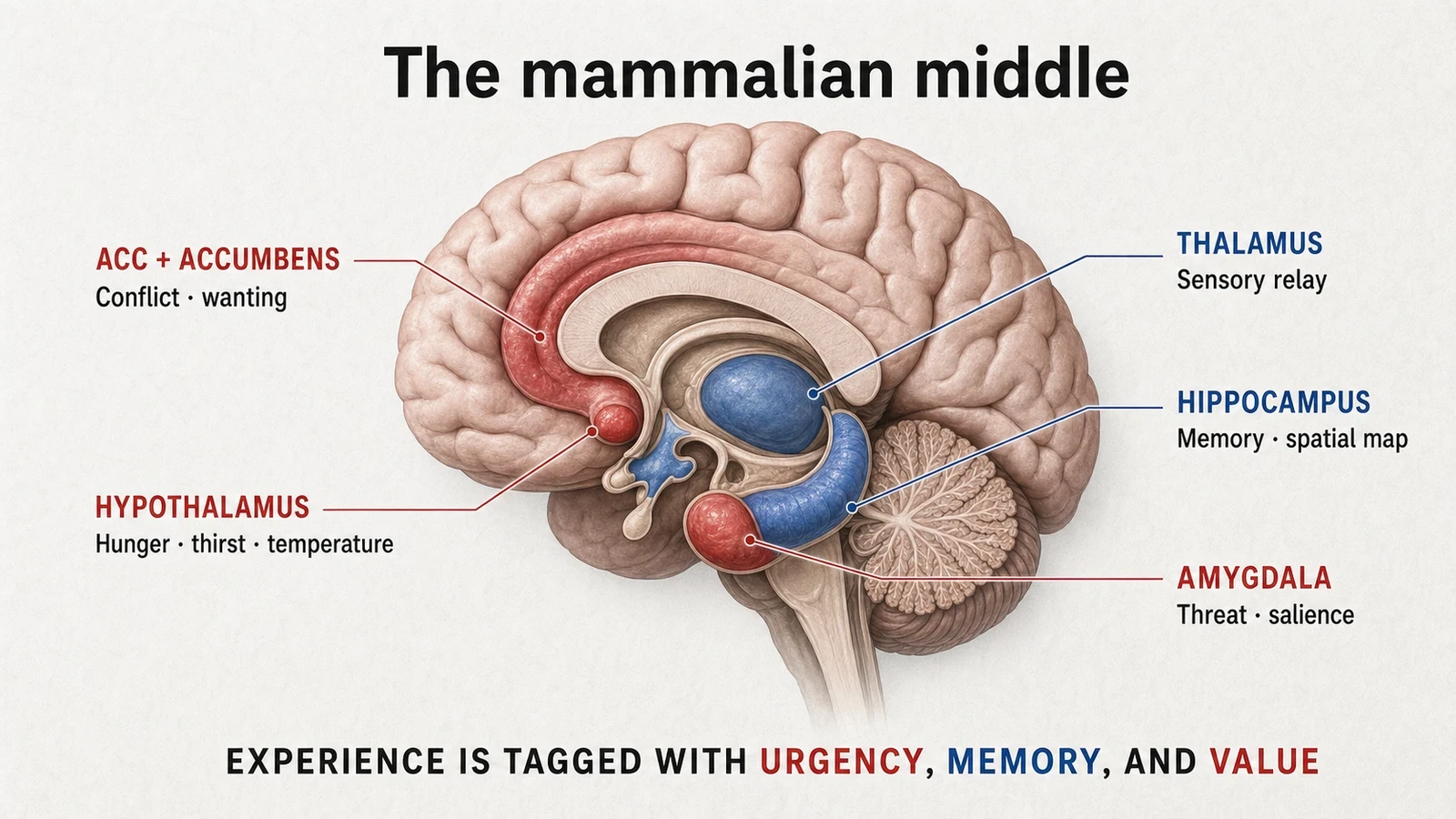 Medial brain illustration mapping limbic regions involved in threat, memory, body regulation, conflict, and reward.