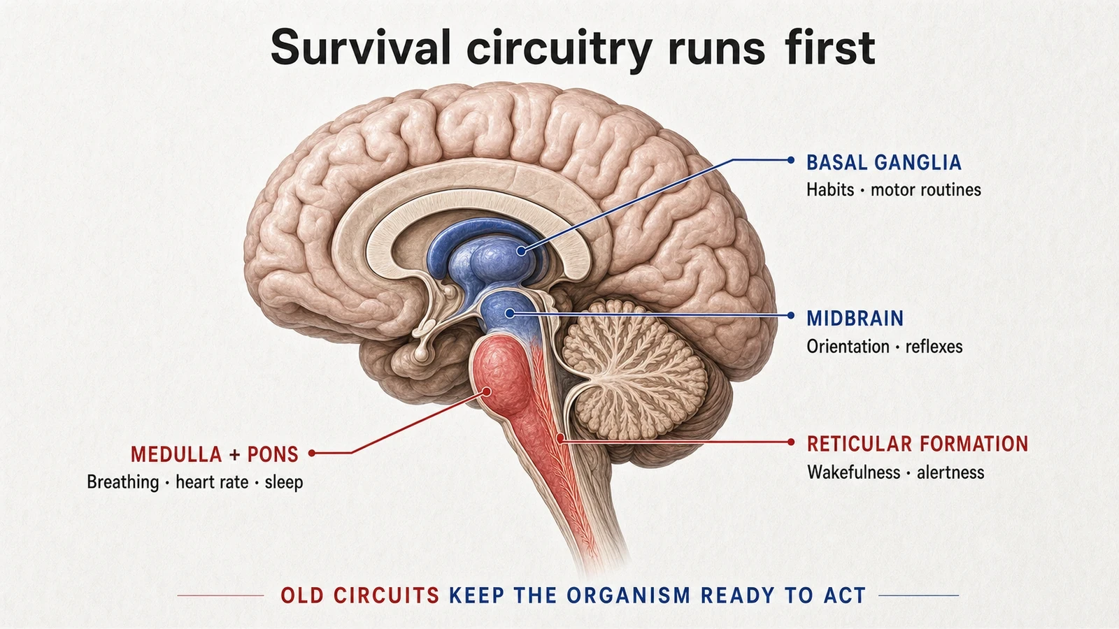 Sagittal brain illustration mapping the medulla, pons, midbrain, reticular formation, and basal ganglia.