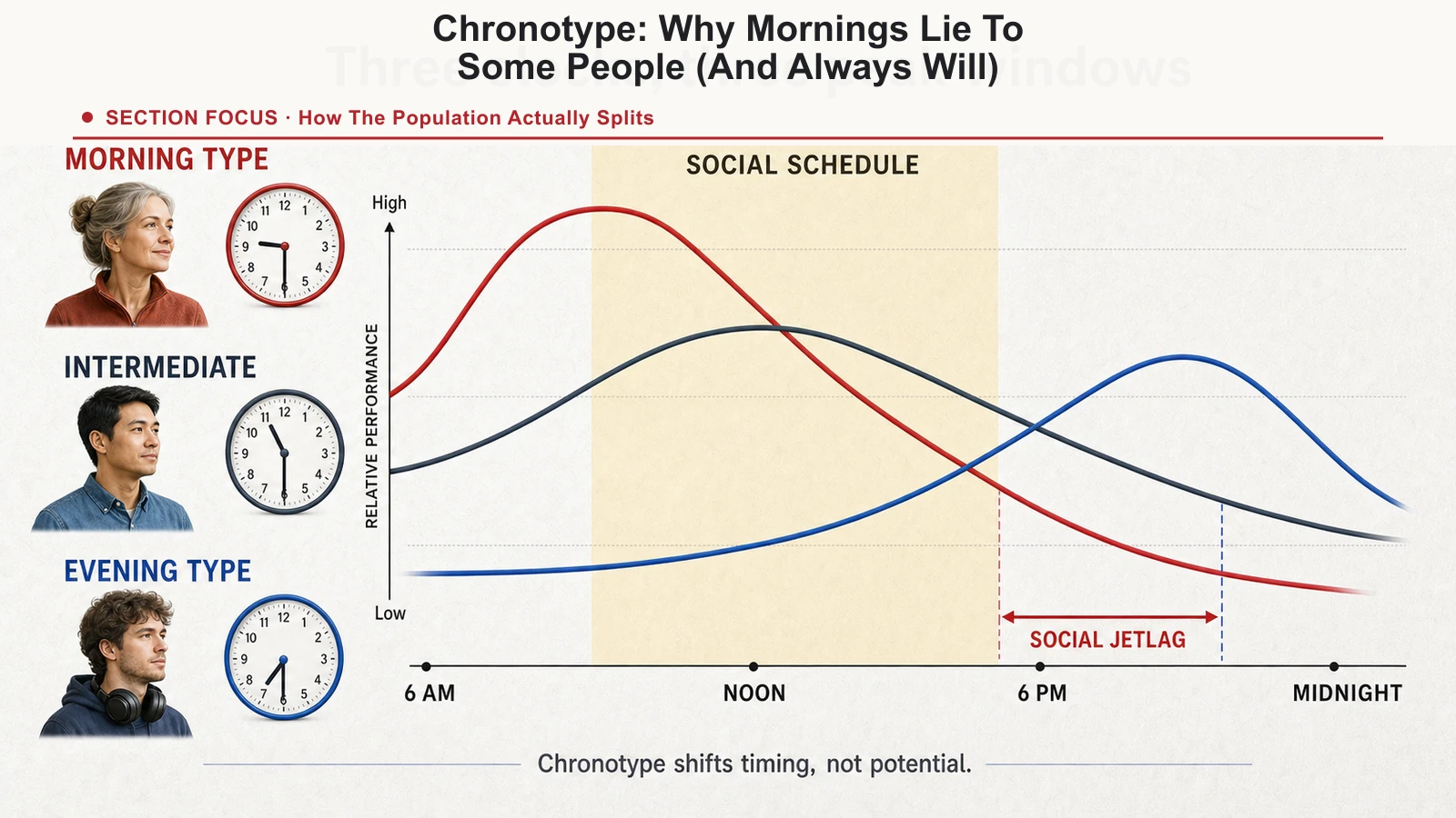 Daily performance curves comparing morning, intermediate, and evening chronotypes with the effects of social jetlag.