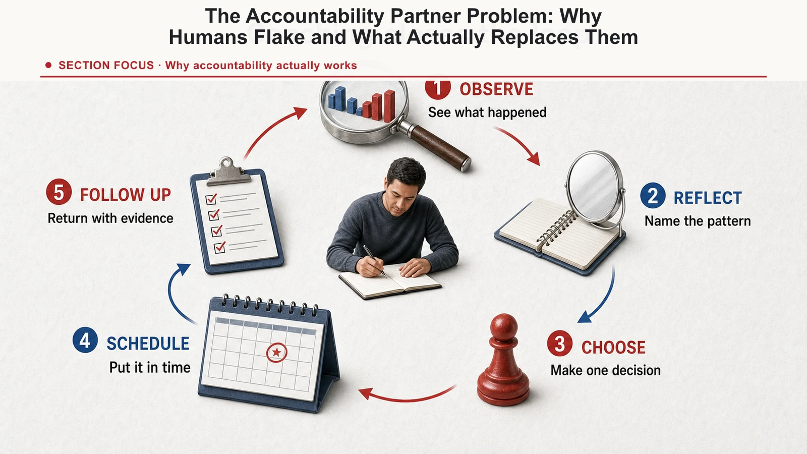 Coaching loop moving from observation and reflection to one decision, scheduled action, and follow-up.