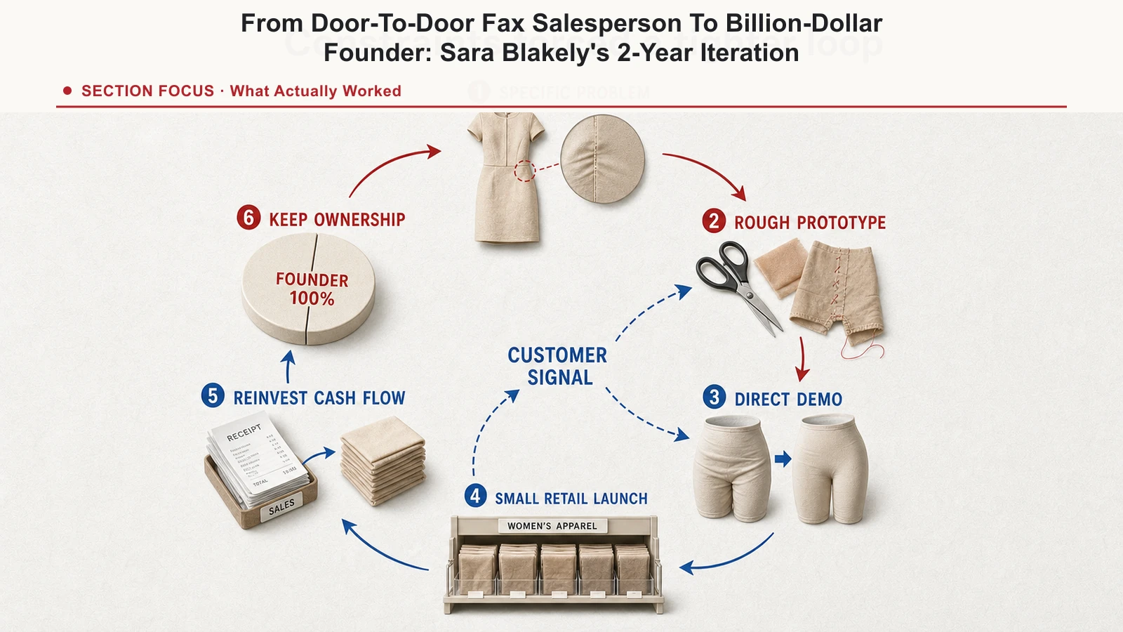 Founder loop connecting a specific problem, rough prototype, direct customer demonstration, small-scale launch, reinvestment, and retained ownership.