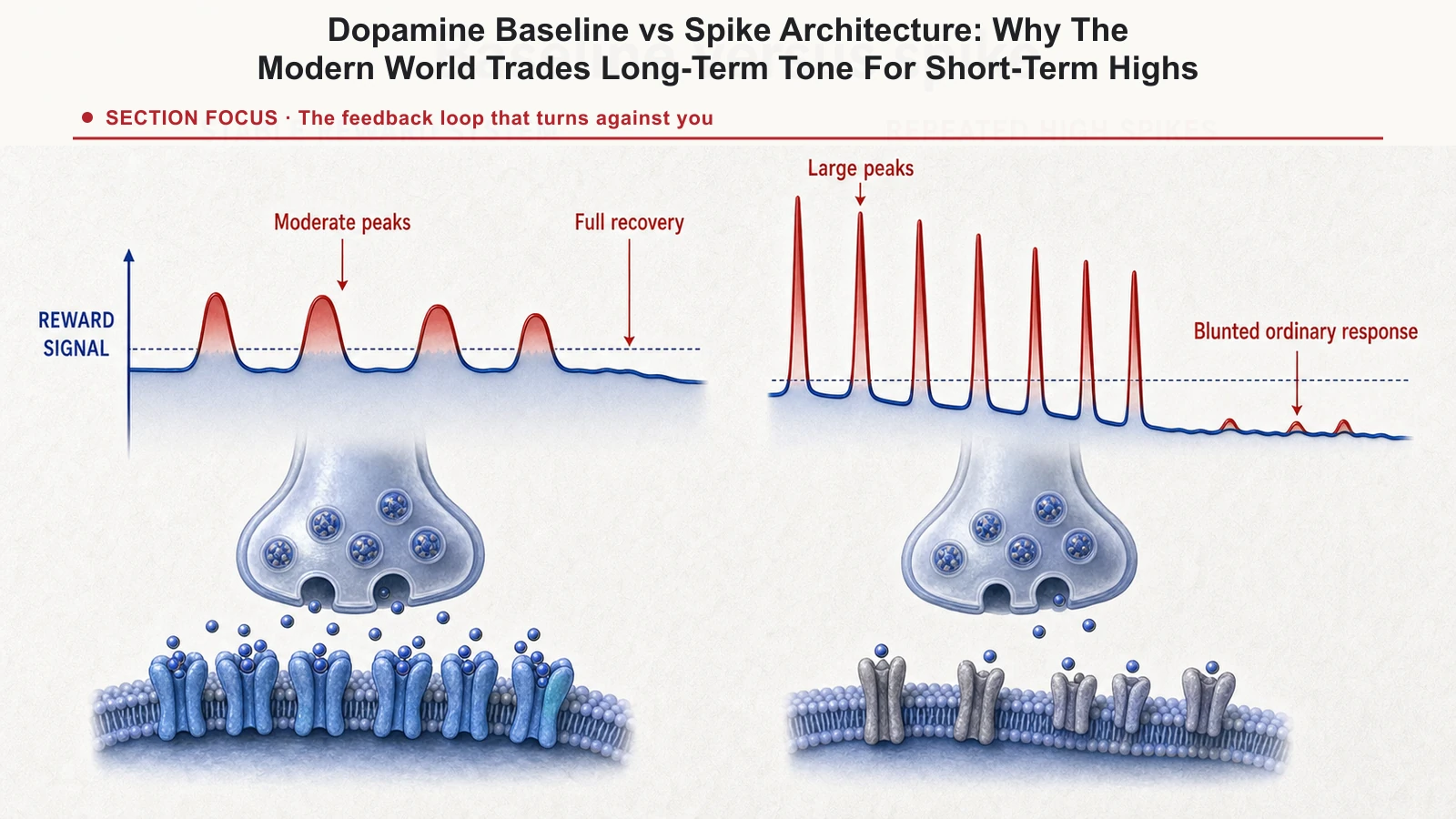 Diagram contrasting a stable dopamine baseline with repeated sharp reward spikes and a flattened response.