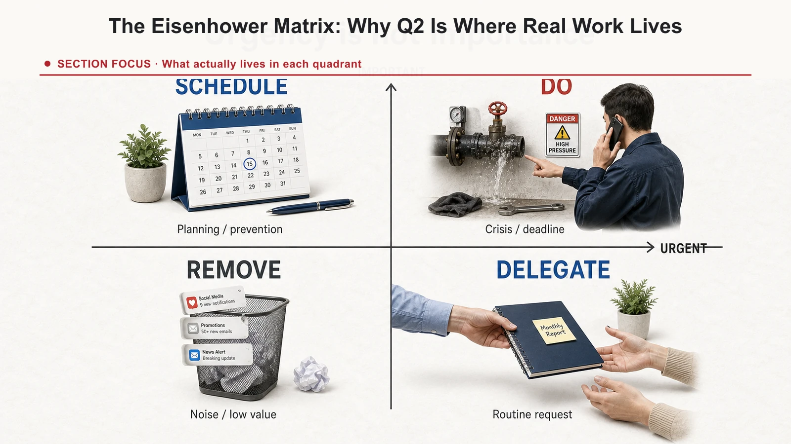 Eisenhower matrix separating urgent and important work into do, schedule, delegate, and remove decisions.