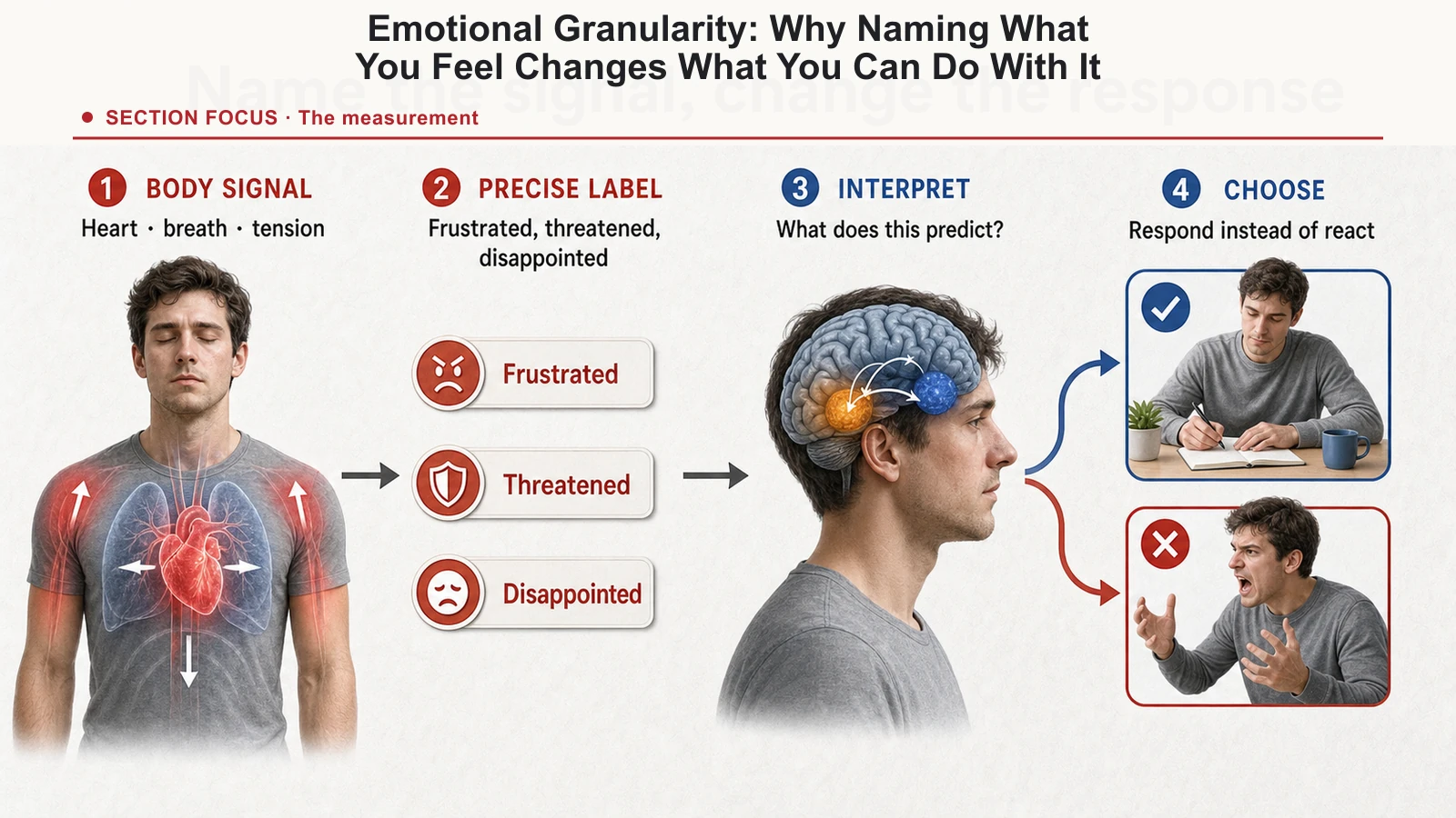 Emotional regulation loop moving from body signal to precise label, interpretation, and chosen response.