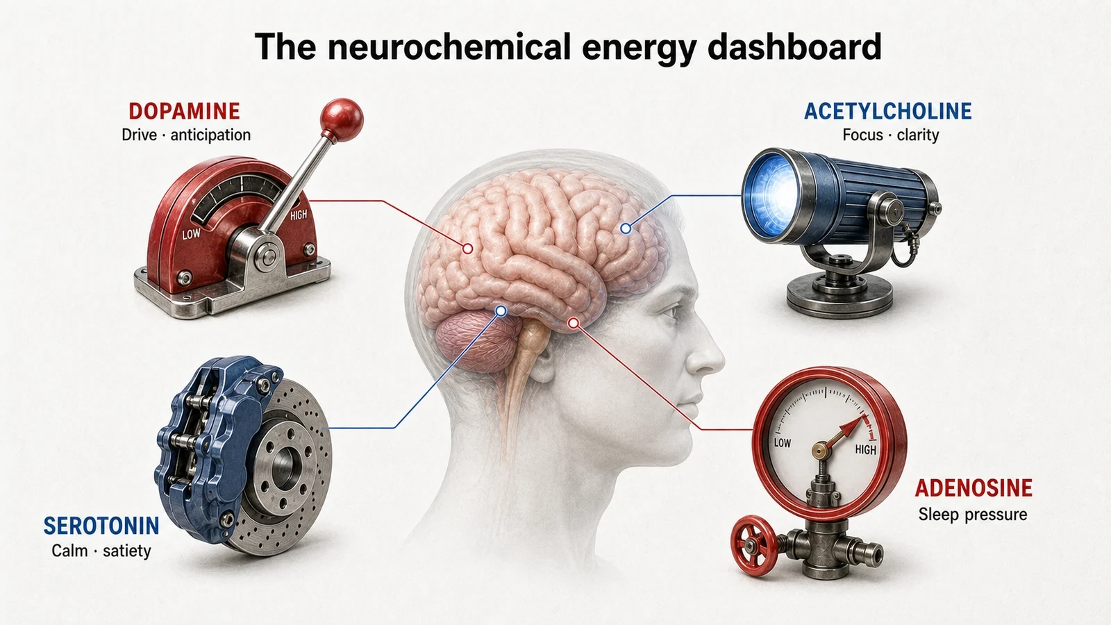 Brain illustration using a throttle, spotlight, brake, and pressure gauge to explain four neurochemical energy signals.