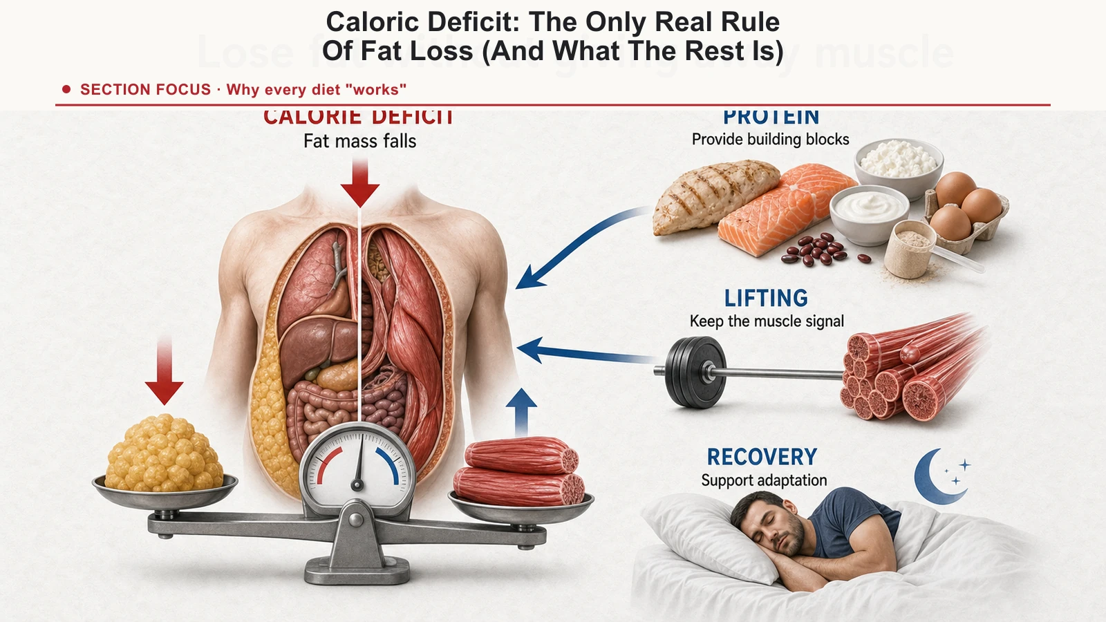 Energy balance diagram showing a calorie deficit with protein, resistance training, and recovery protecting lean mass.