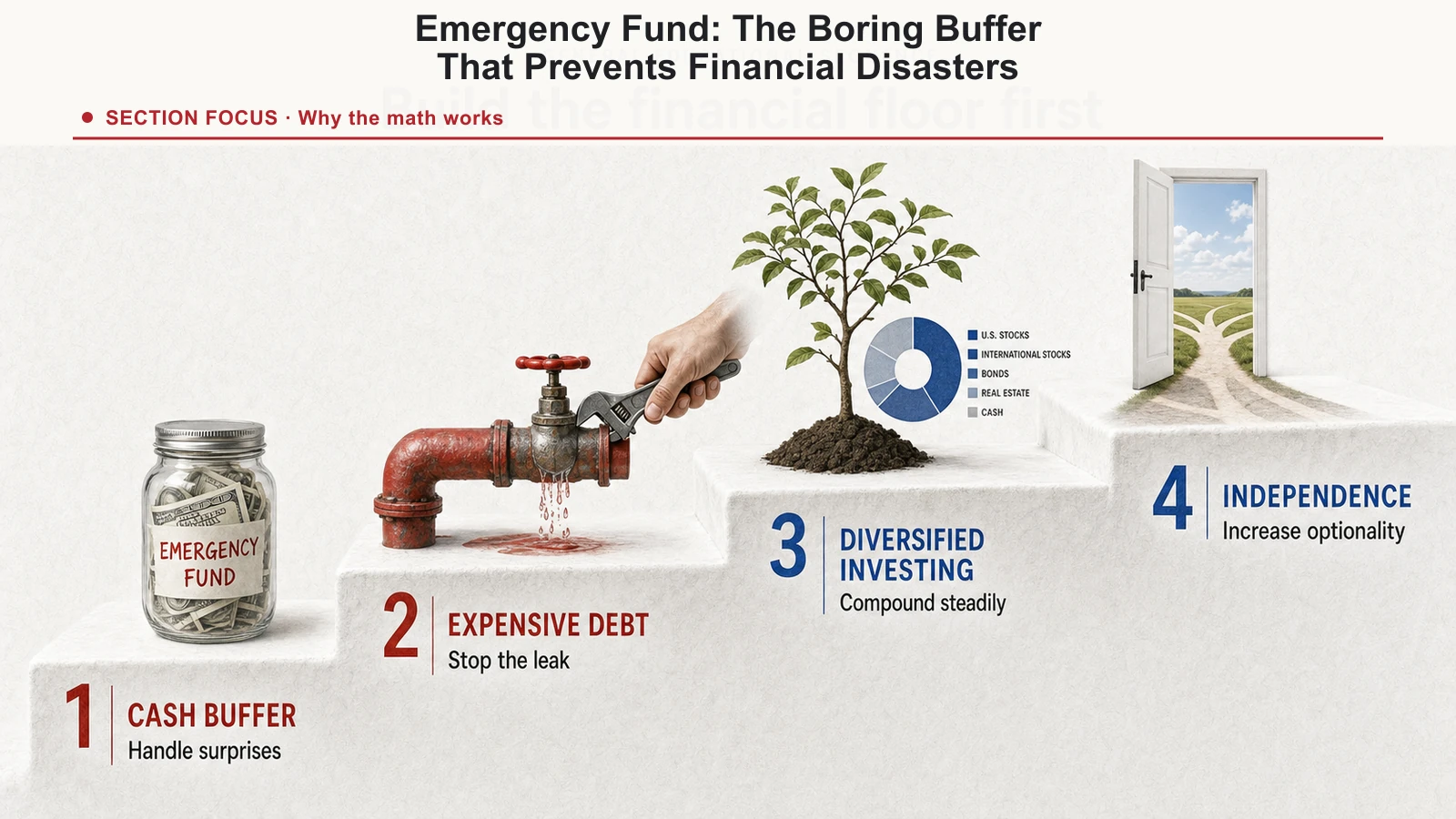Financial order of operations moving from a cash buffer through expensive debt, diversified investing, and independence.