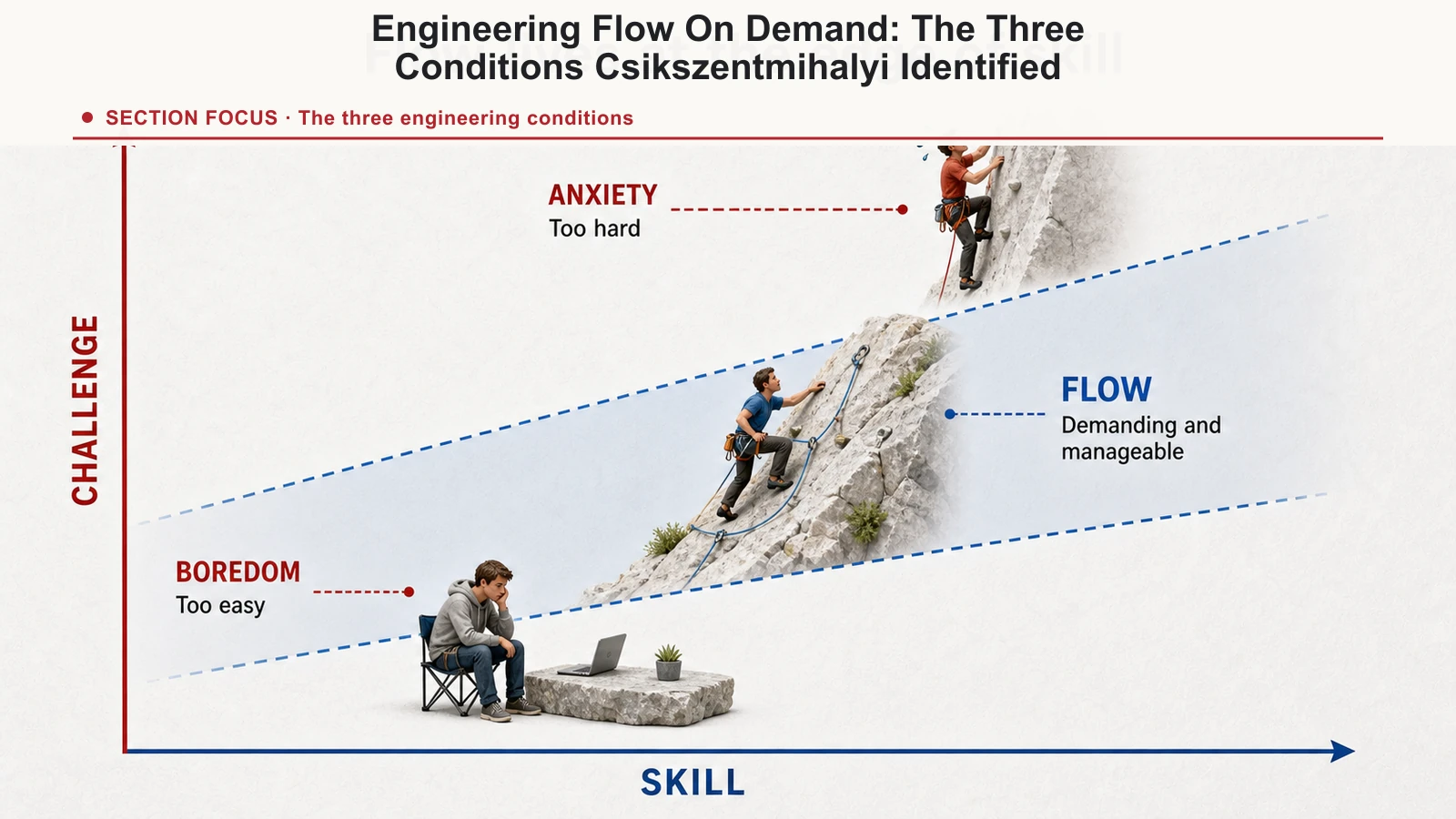 Challenge and skill diagram showing boredom, anxiety, and the flow channel between them.